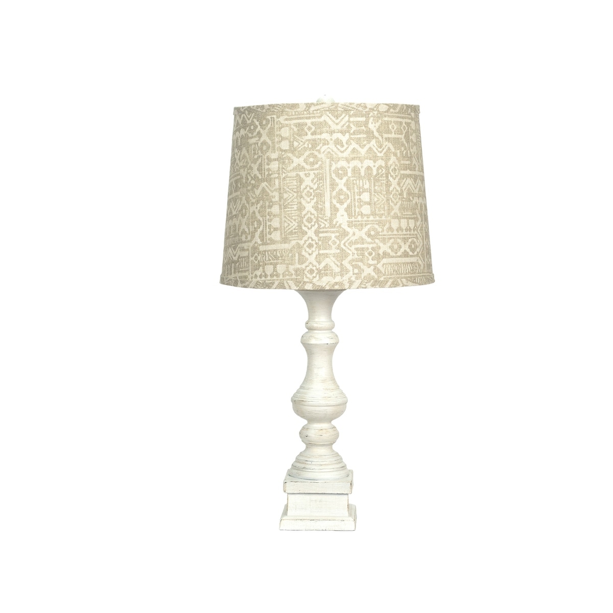 Distressed White Table Lamp with Patterned Tan Linen Shade - Mycitystee