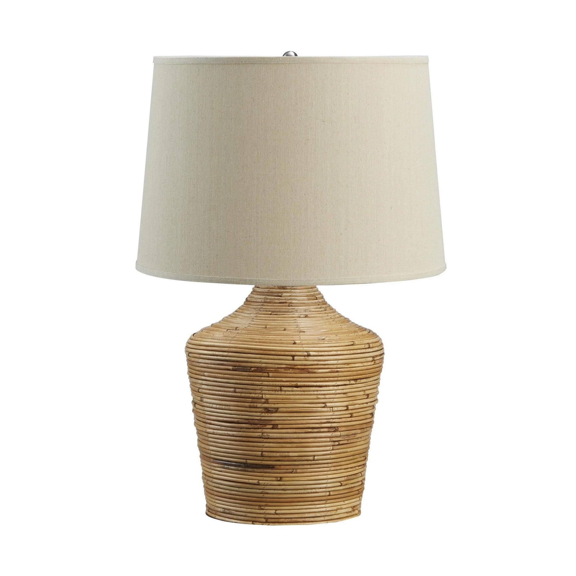 26 Inch Cottage Table Lamp， Metal And Rattan Base， White Fabric Drum Shade - Mycitystee
