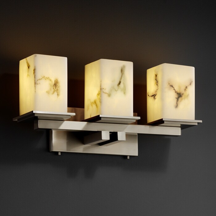 Justice Design LumenAria Montana 3-light Brushed Nickel Bath Bar， Faux Alabaster Square - Flat Rim Shade - Mycitystee