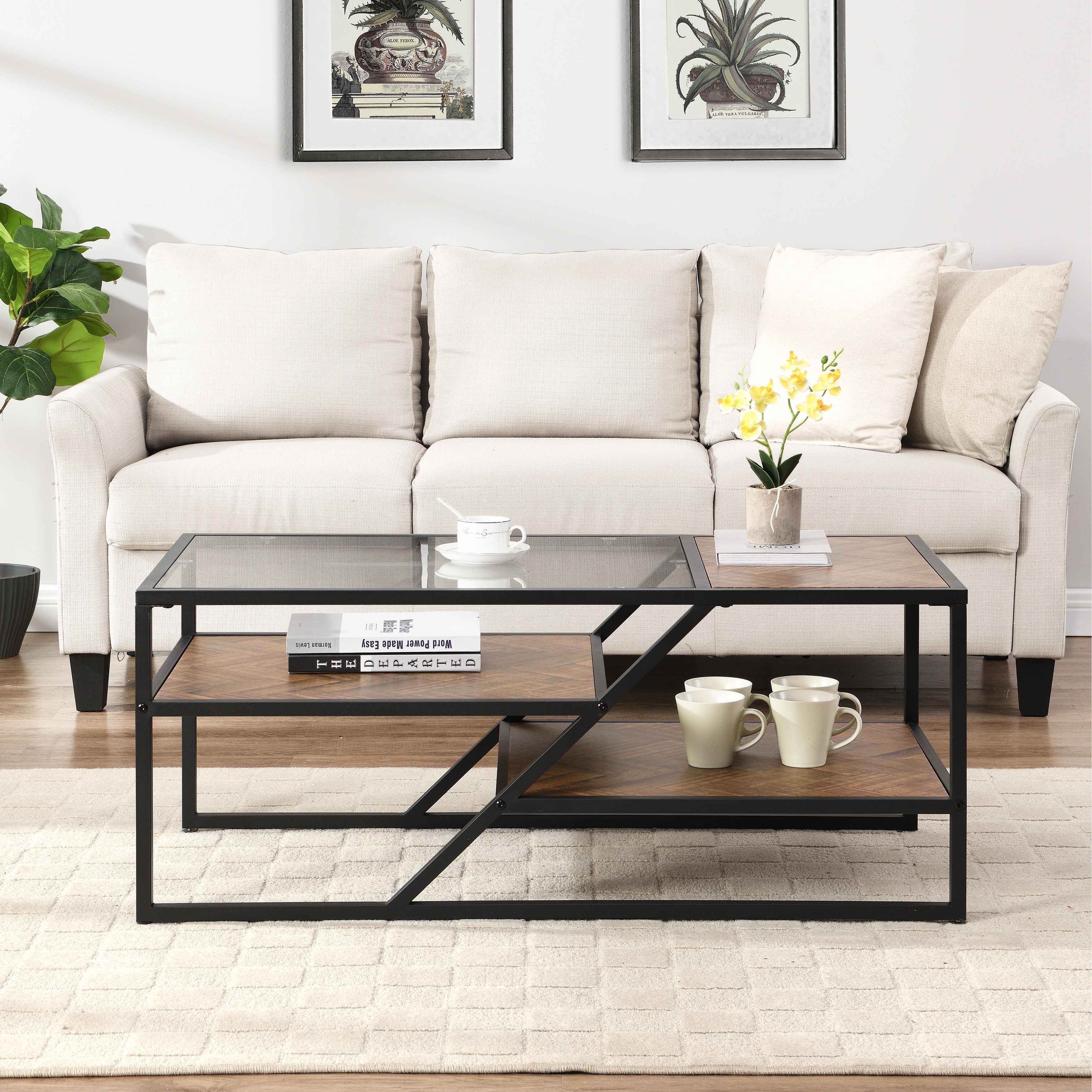 Modern Tempered Glass Coffee Table with Storage Shelf - Mycitystee