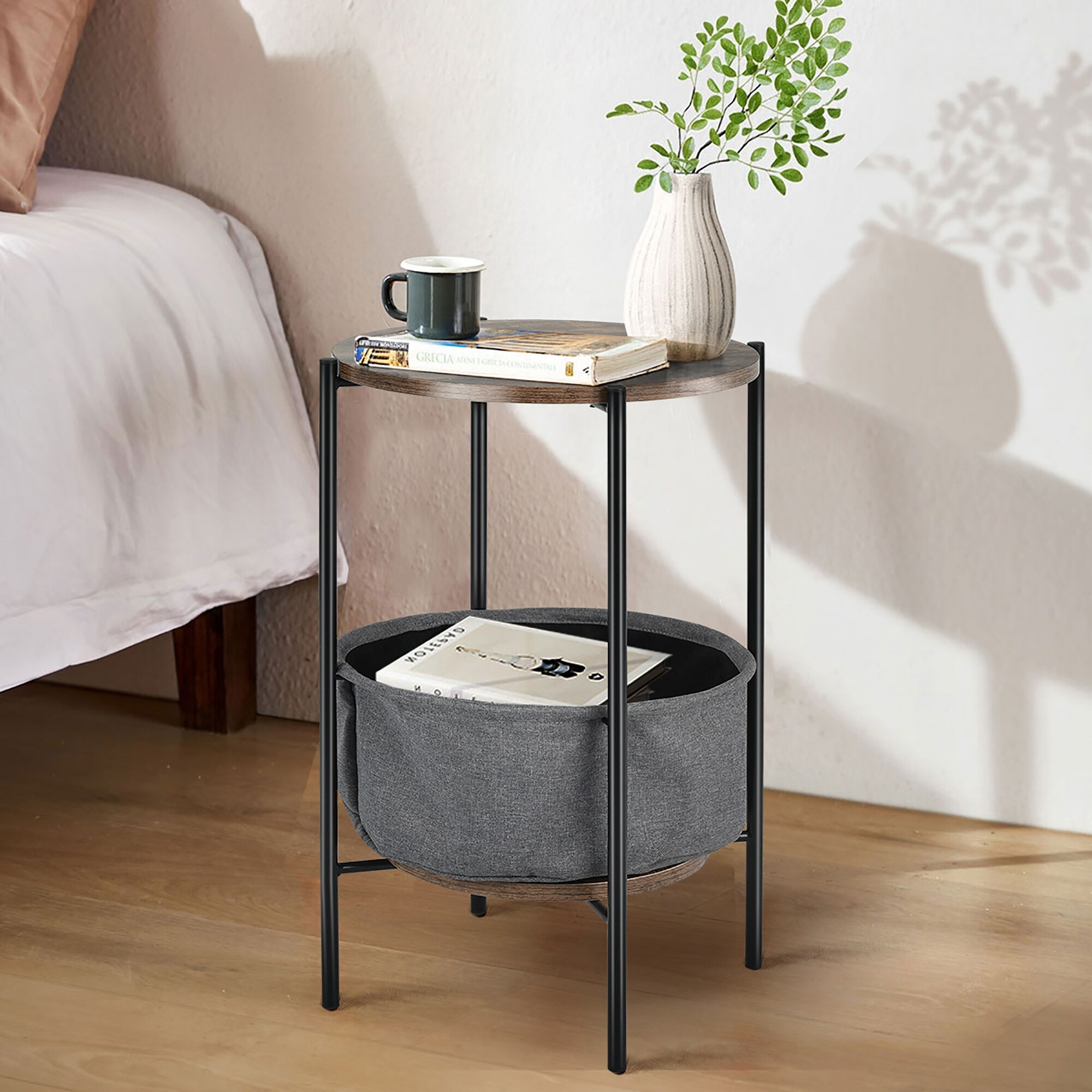 Round End Table Sofa Side Table Compact Table w Fabric Basket - Mycitystee