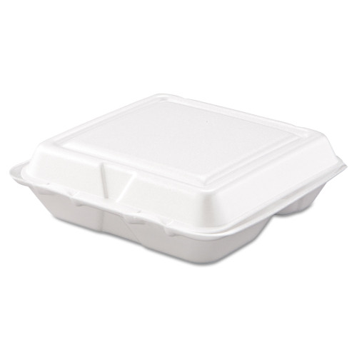 Dart Foam Hinged Lid Containers， 3-Compartment， 7.5 x 8 x 2.3， White， 200/Carton (80HT3R) - Mycitystee
