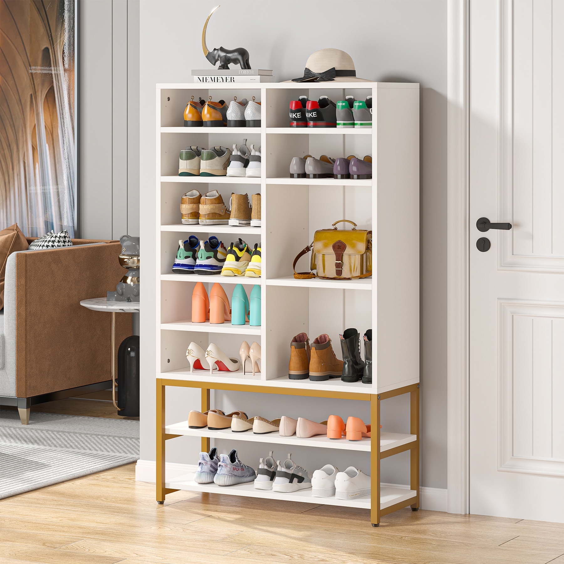 Shoe Cabinet Freestanding Shoe Rack Organizer with Storage Shelf， for Entryway， Bedroom， White and Gold - - 36983323 - Mycitystee