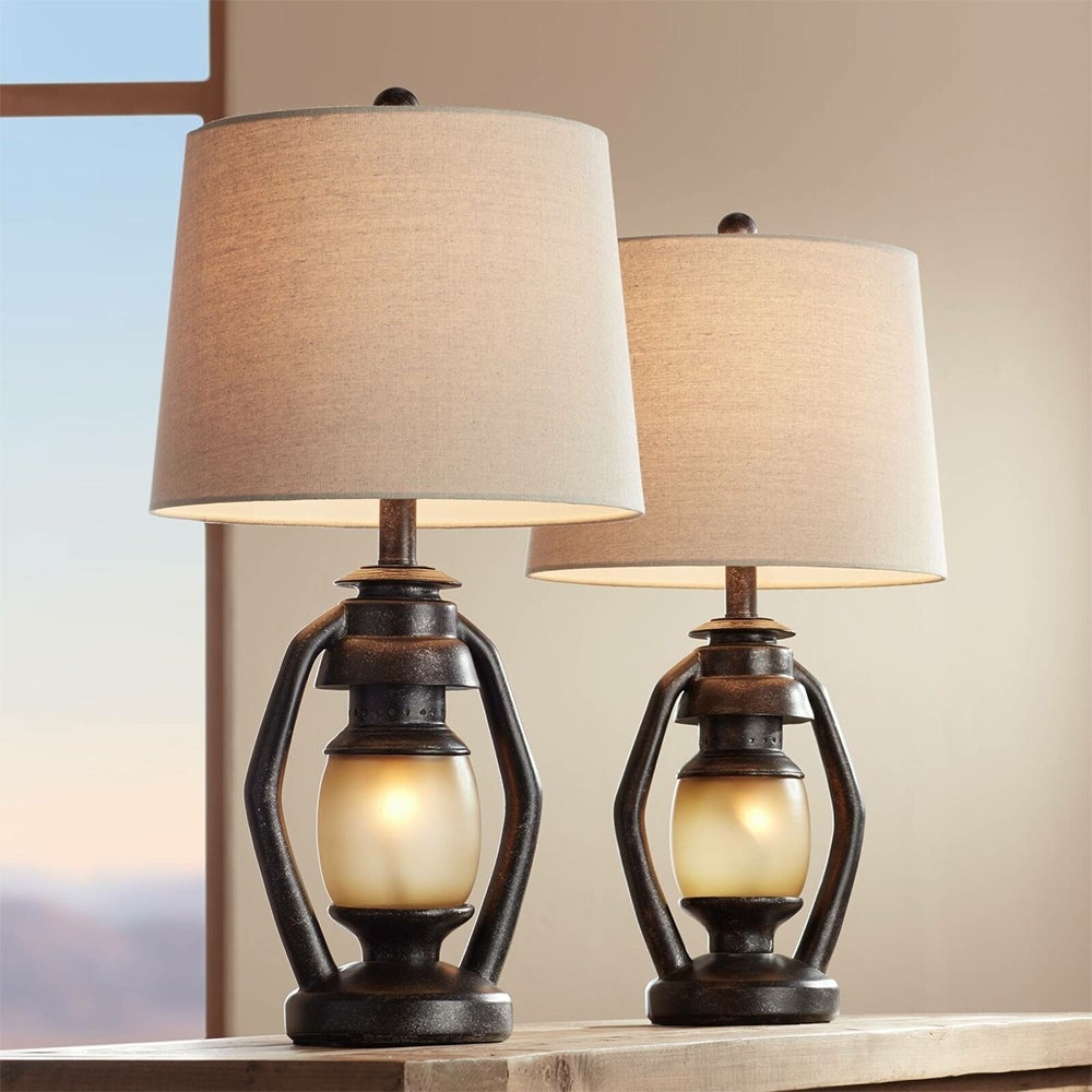 Set of 2 Rustic Table Lamps with Nightlight Miner Lantern Brown - 13