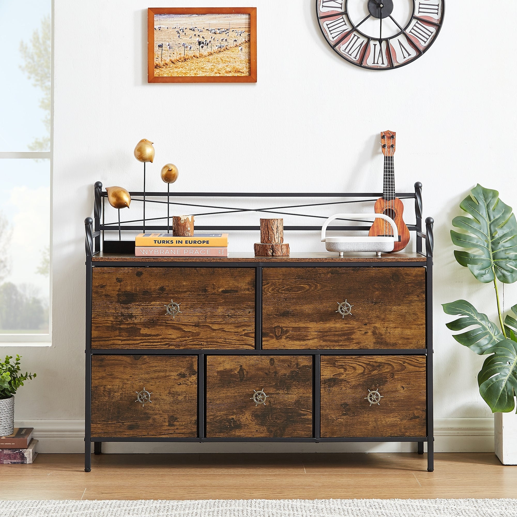 Wooden Dresser w/ 5 Drawers Furniture Storage Chest for Bedroom， Living Room - - 37245401 - Mycitystee