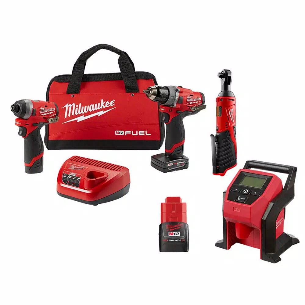 Milwaukee M12 FUEL 12-Volt Li-Ion Brushless Cordless Hammer Drill/Impact Driver Combo Kit with 3/8 in. Ratchet and Inflator (2-Tool) and#8211; XDC Dep - Mycitystee