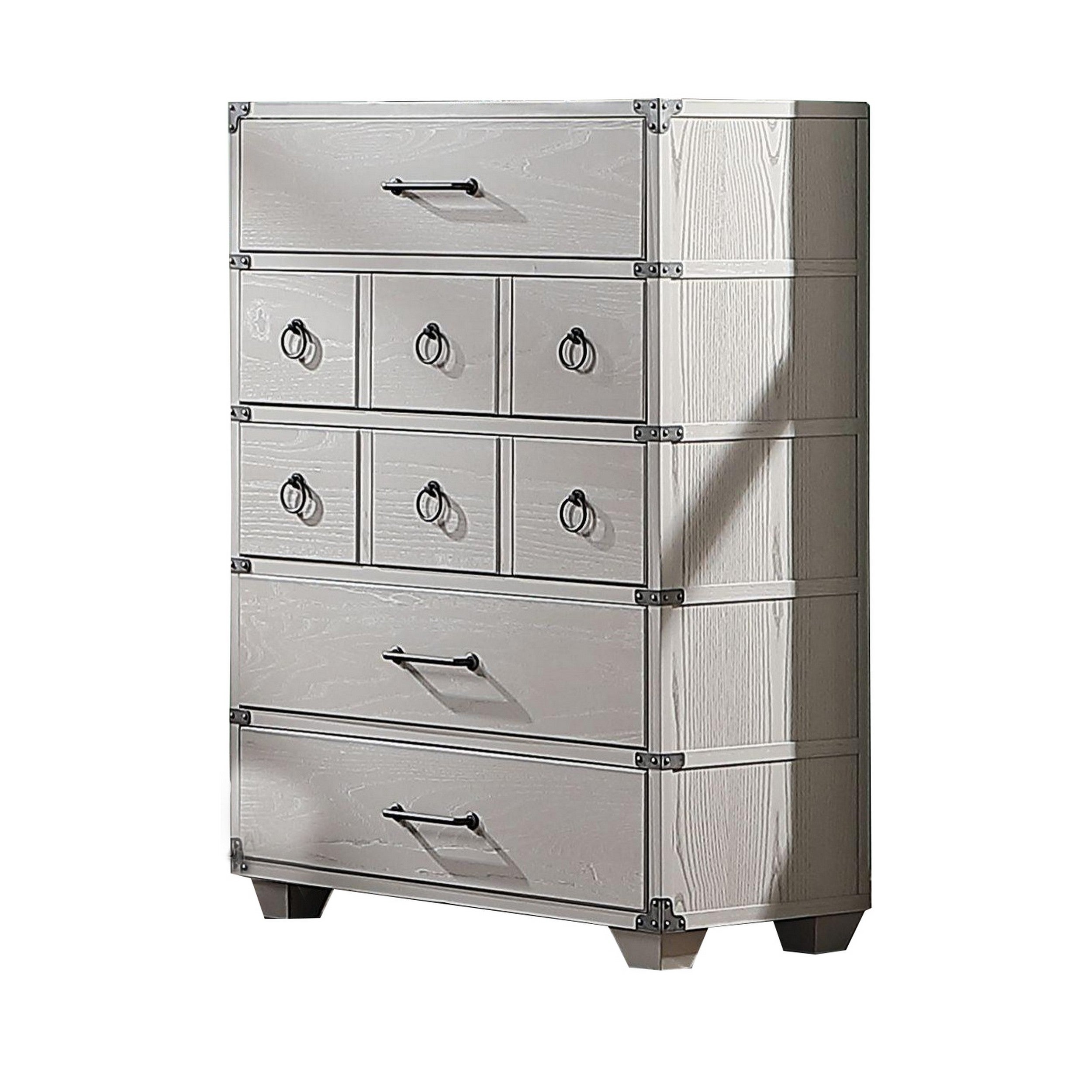 5 Drawer Wooden Chest with Metal Braces， Light Gray - - 32367237 - Mycitystee