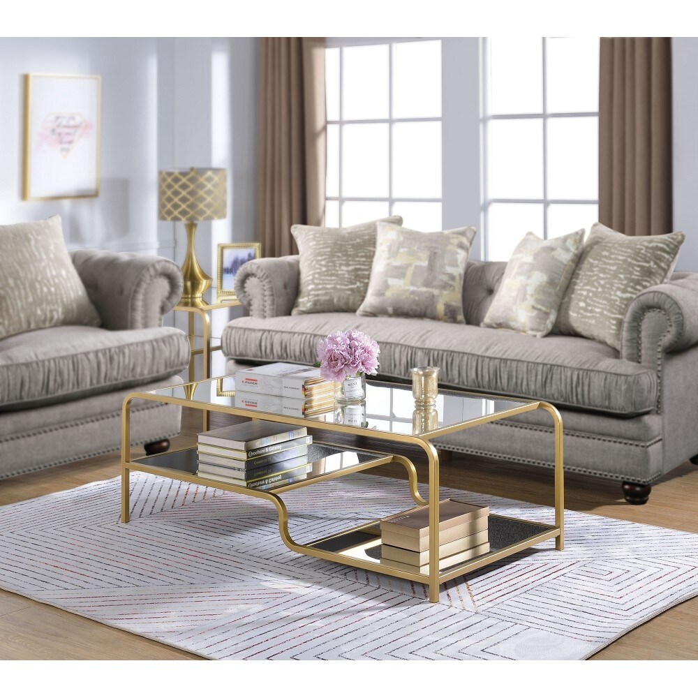 Metal Glass Coffee Table， Gold Modern Tempered Glass Side Table， Additional Storage Shelf， for Living Room - Mycitystee