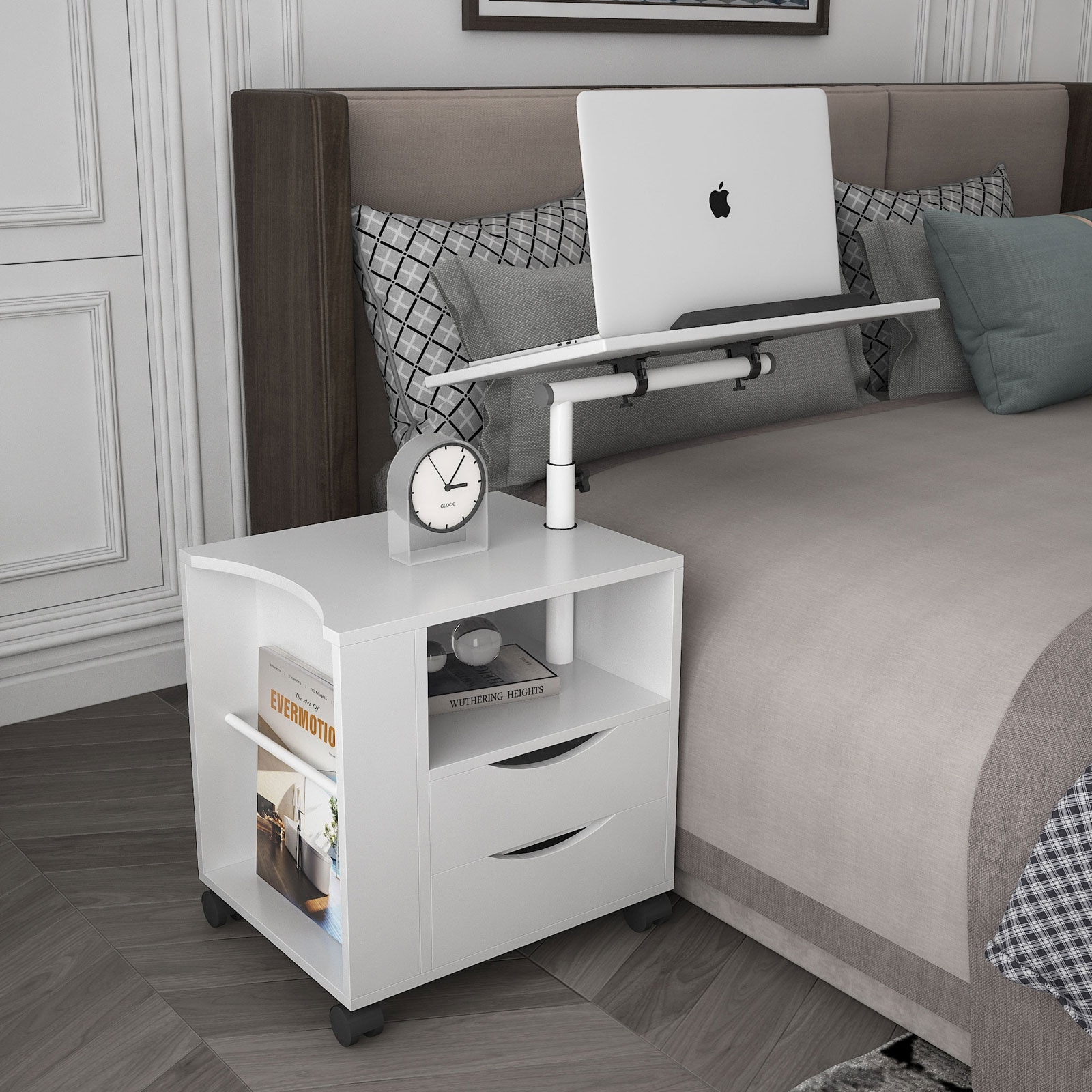 Movable End Table with Height Adjustable Swivel Top and 2 Drawers， Wood End Table with Open Shelf and Q-Type Clip - Mycitystee