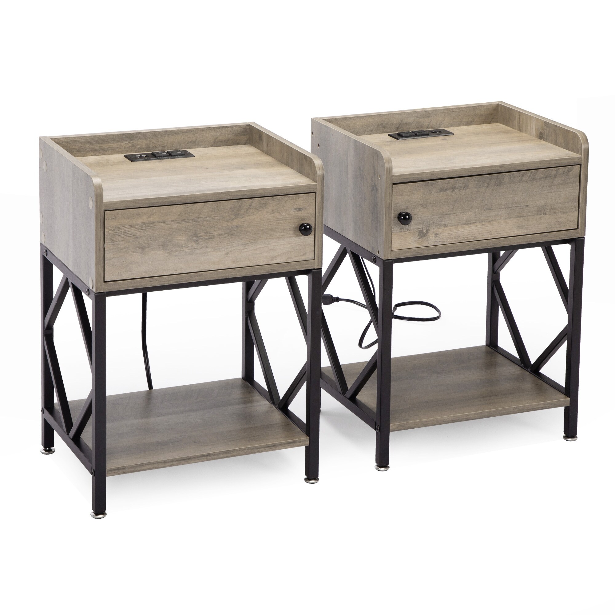 Set of 2 Nightstand End Table with Charging Station， Adjustable Foot Pads - Mycitystee