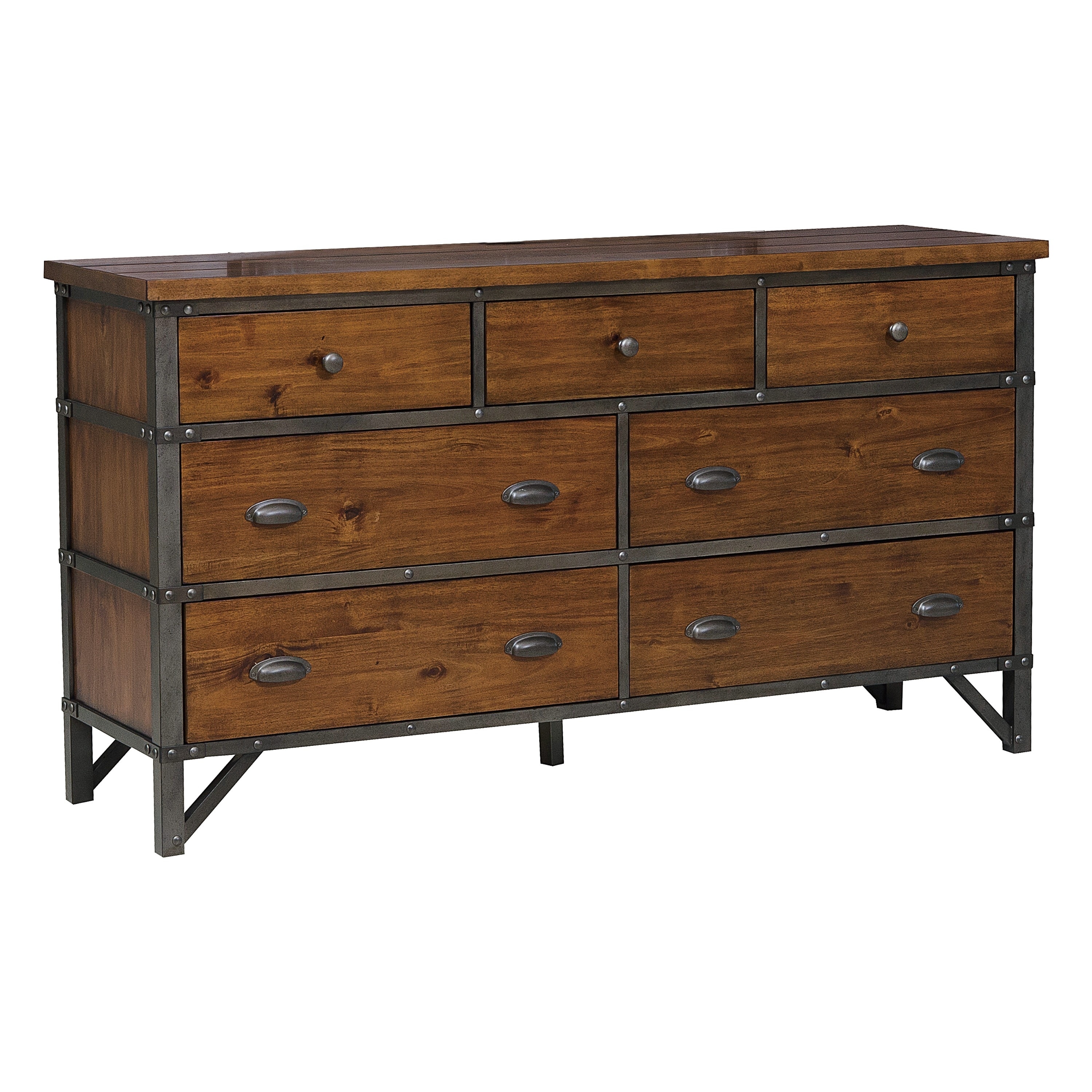 Wooden Dresser with Metal Block Legs and 7 Spacious Drawers， Brown - - 31451094 - Mycitystee