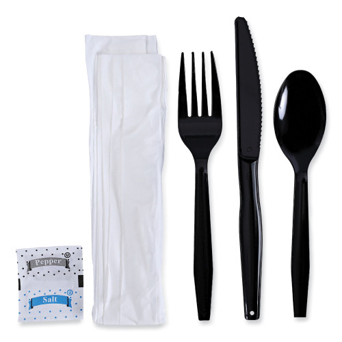 Boardwalk Six-Piece Cutlery Kit， Condiment/Fork/Knife/Napkin/Teaspoon， Black， 250/Carton (FKTNSMWPSBLA) - Mycitystee