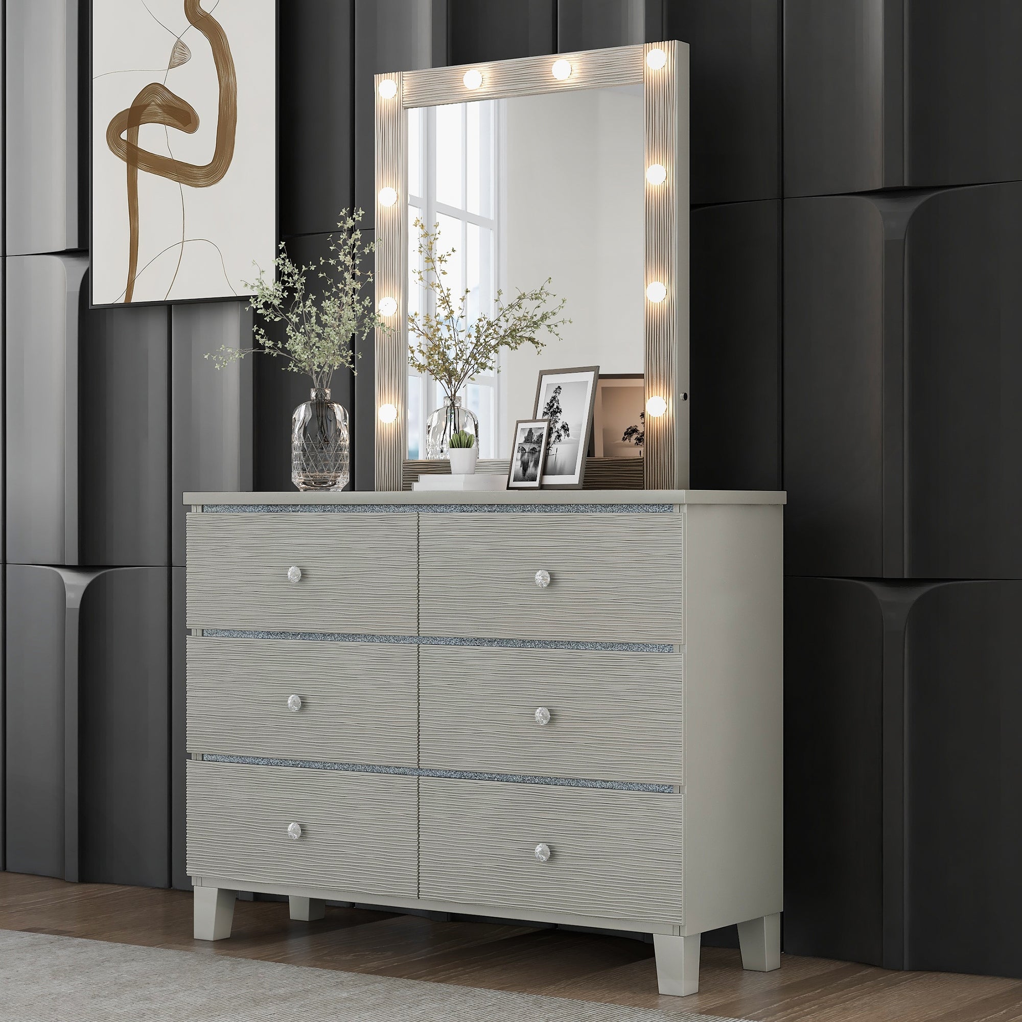 Wood Dresser and Mirror with 6 Drawers，LED Lights Mirror - - 37857321 - Mycitystee