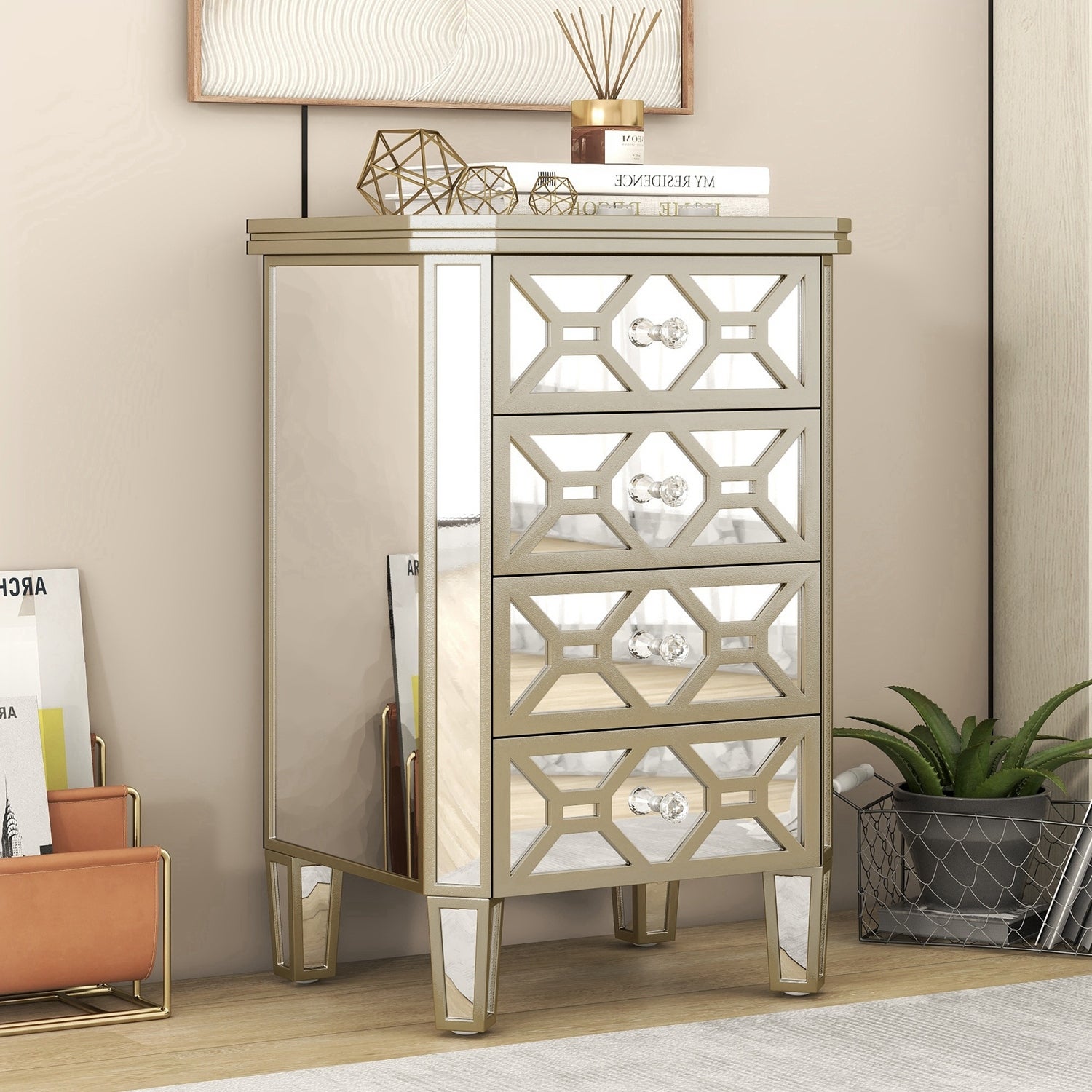 Elegant Mirrored 4-Drawer Chest with Golden Lines - - 37841246 - Mycitystee