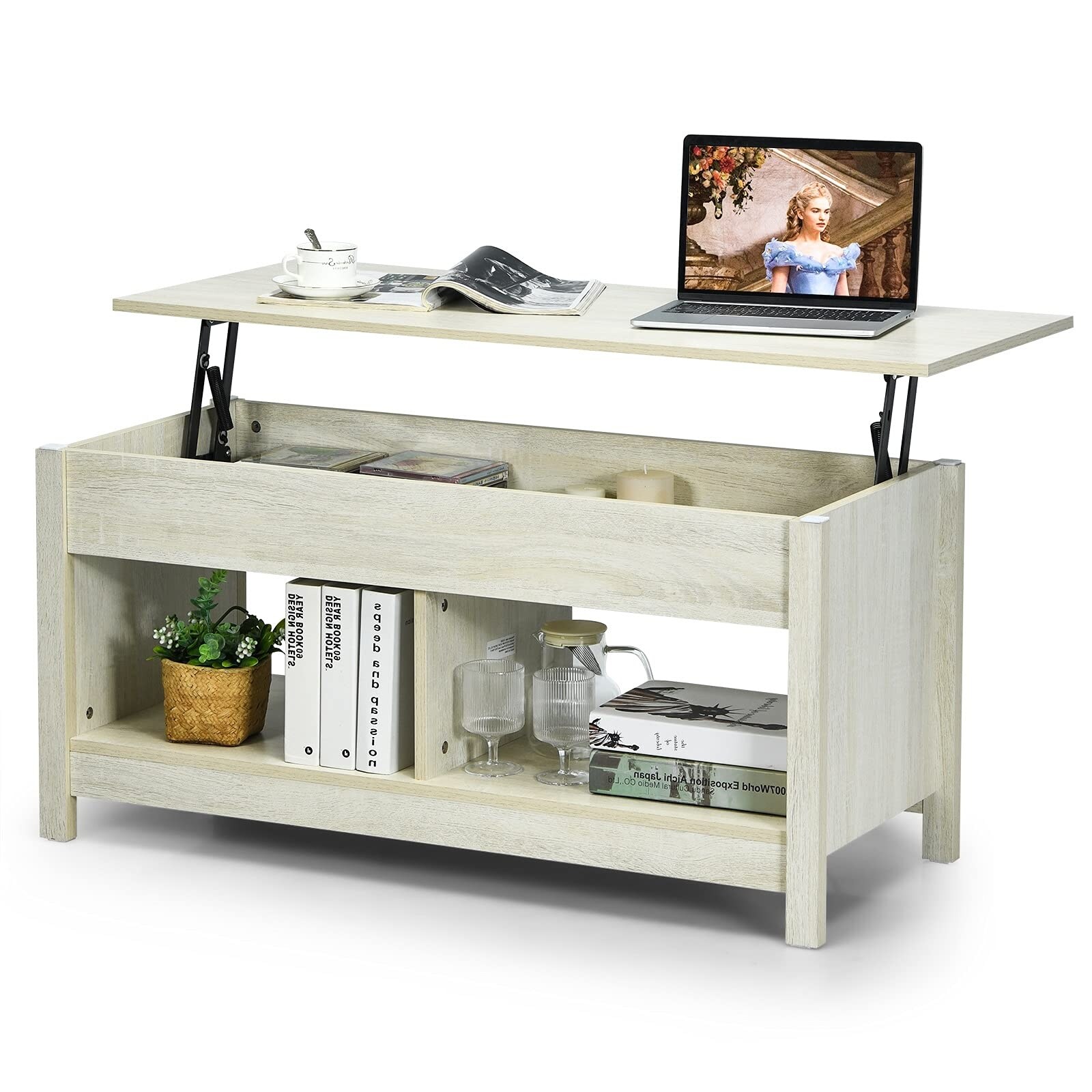 MAT Expert Lift Top Coffee Table， Coffee Tea Table w/Hidden Compartment and Storage Shelf - as picture - Mycitystee