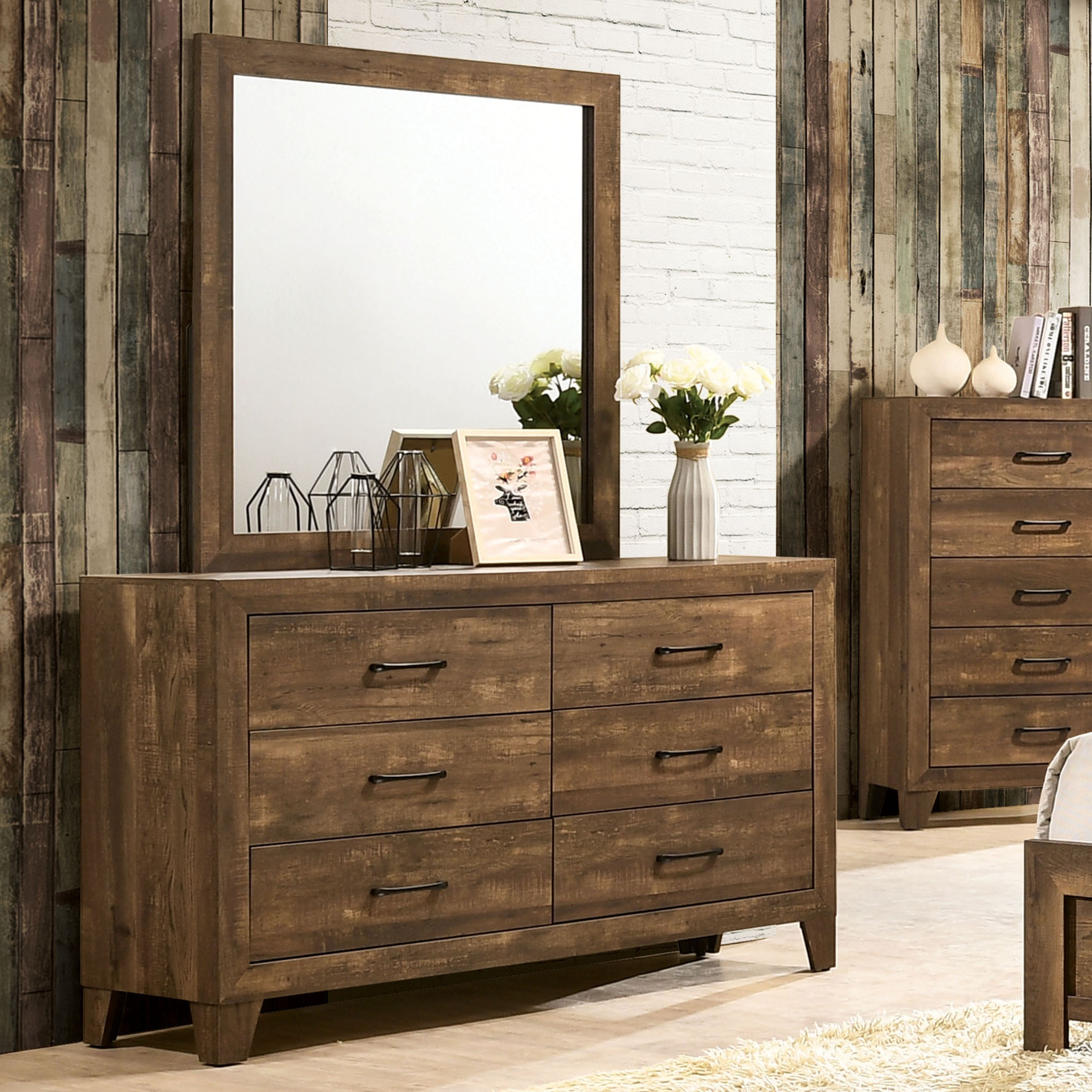 Furniture of America Loa Rustic Walnut Dresser and Mirror Set - - 31451302 - Mycitystee