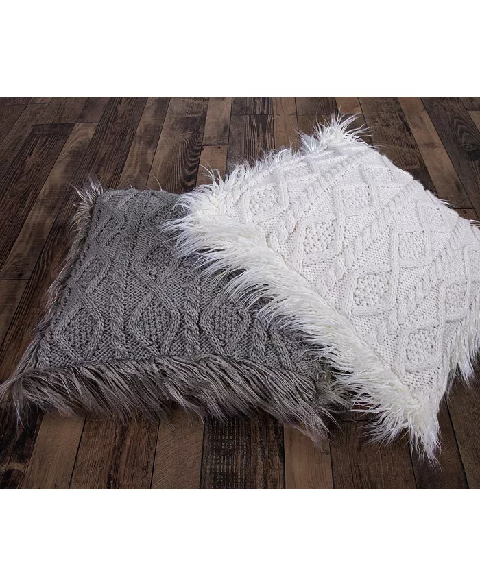 HiEnd Accents Nordic 18x18 Cable Knit Pillow with Mongolian Fur - Mycitystee