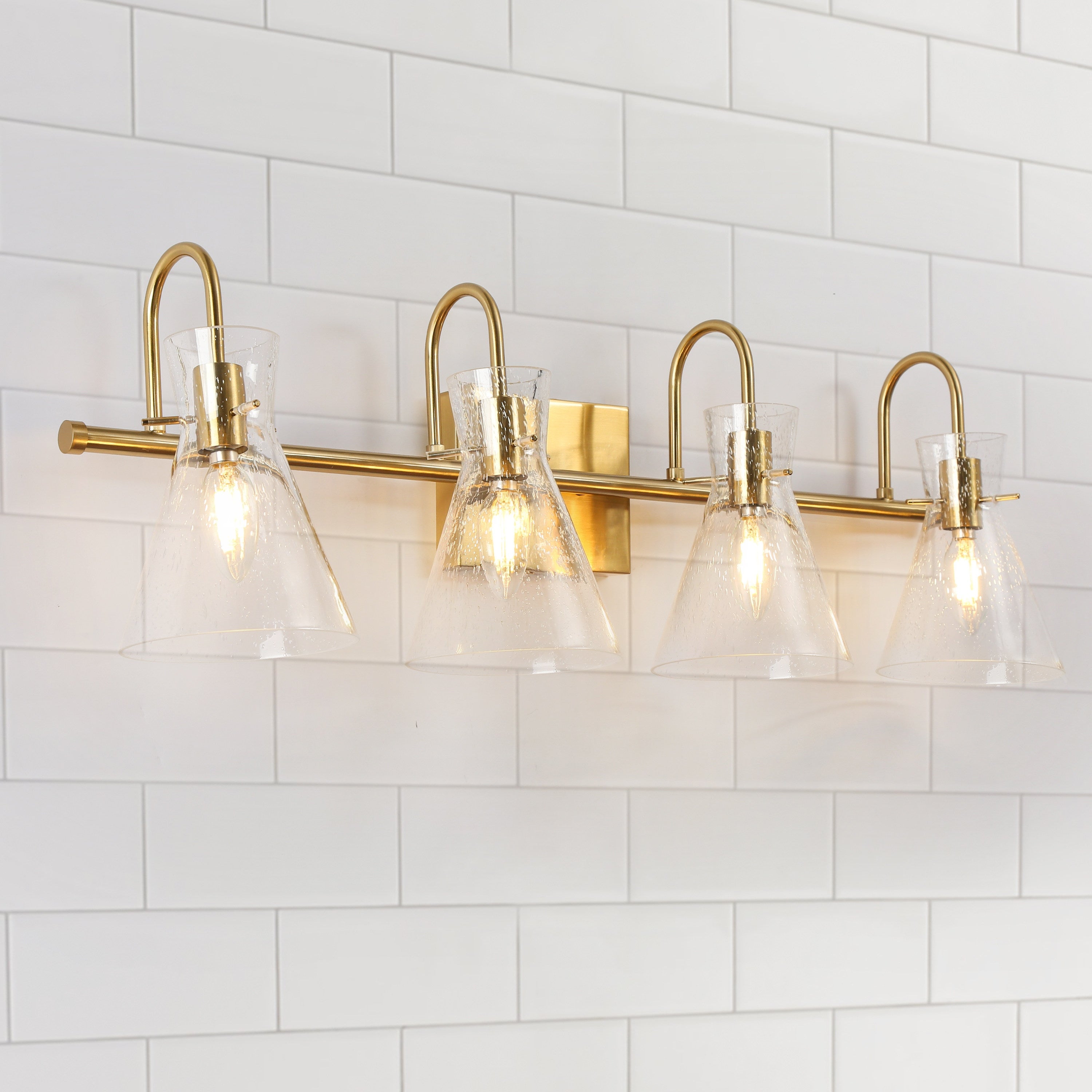 Liniya 4-light Modern Large Size 29'' Bathroom Vanity Light Brass Gold with Horn Seeded Glass - Mycitystee