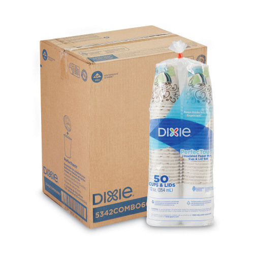 Dixie PerfecTouch Paper Hot Cups and Lids Combo， 12 oz， Multicolor， 50 Cups/Lids/Pack， 6/Packs/Carton (5342COMBO6CT) - Mycitystee