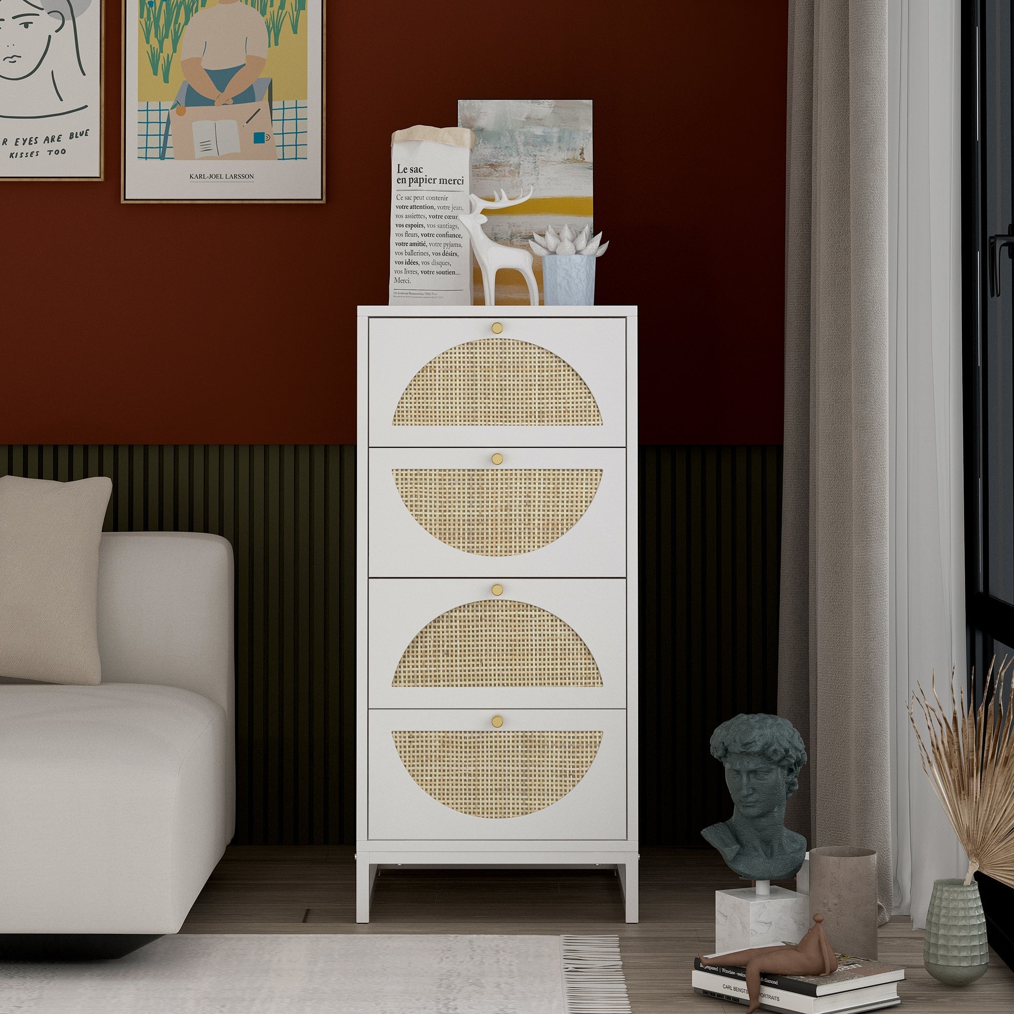 4-Drawer Wood Rattan Chest in White - - 37257041 - Mycitystee