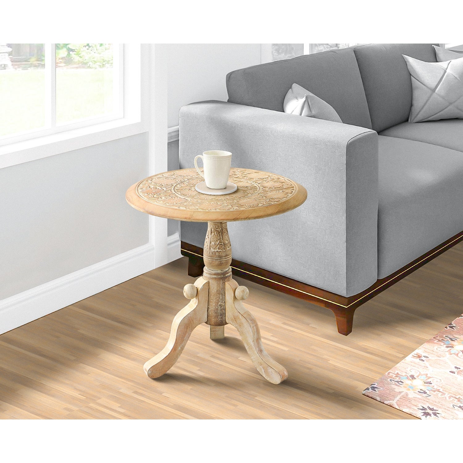 Intricately Carved Round to P Mango Wood Side End Table with Pedestal Base for Hallway， Foyer， Den， Bedroom， or Living Room - Mycitystee