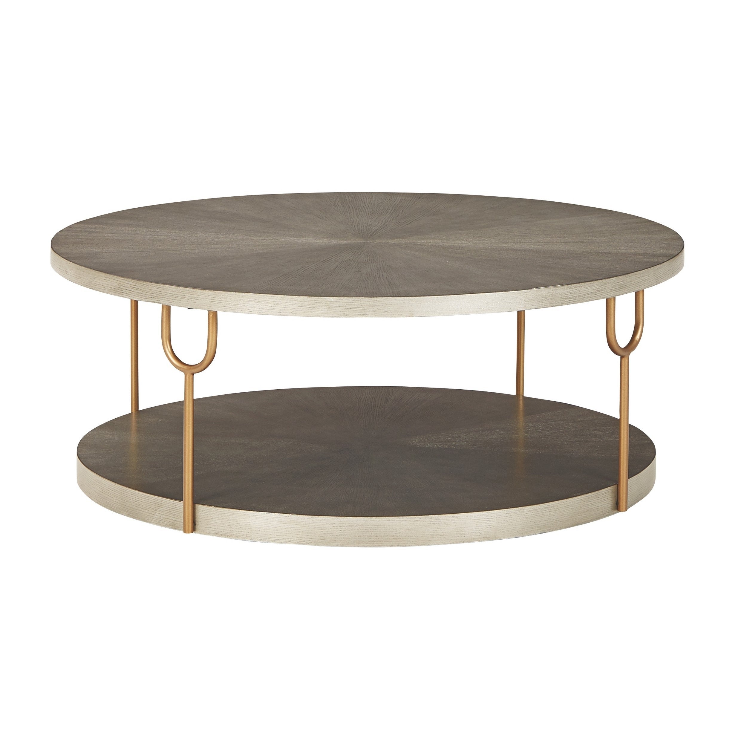 Modern 42 Inch Coffee Table， Ash Veneer， Metal Frame and Wheels， Gold， Gray - Mycitystee
