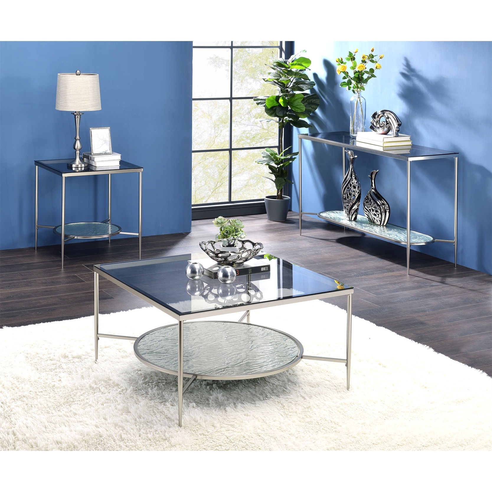 Coffee Table， Living Room End Table in Glass and Chrome Finish - Mycitystee