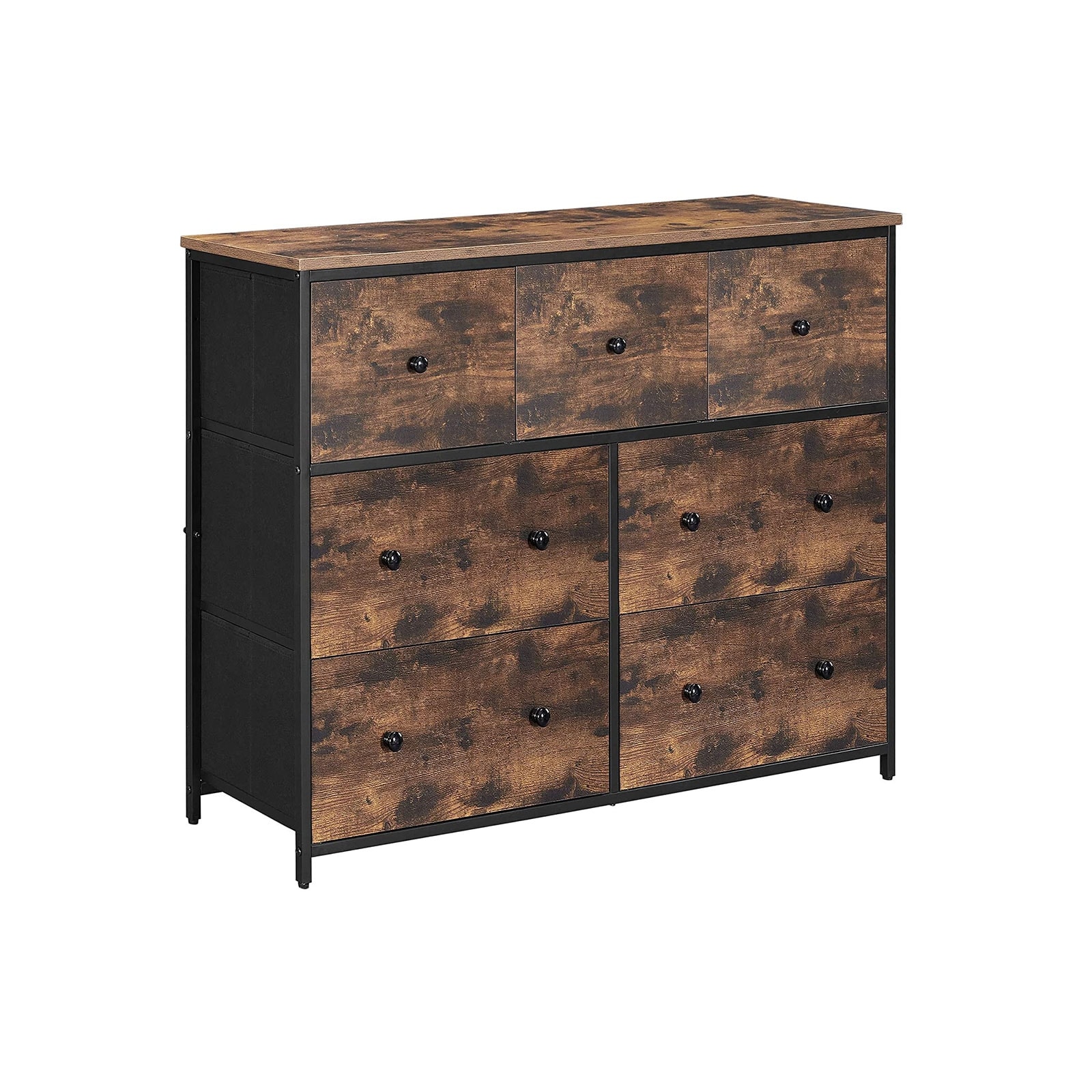 Industrial Wide Dresser， Storage Tower， Rustic Chest of Drawers with 7 Fabric Drawers， Metal Frame， Wooden Top and Front - - 34769667 - Mycitystee