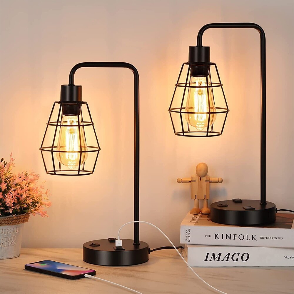 Set of 2 Living Room Table Lamps Nightstand Lamp with 2 USB Port - 5.5