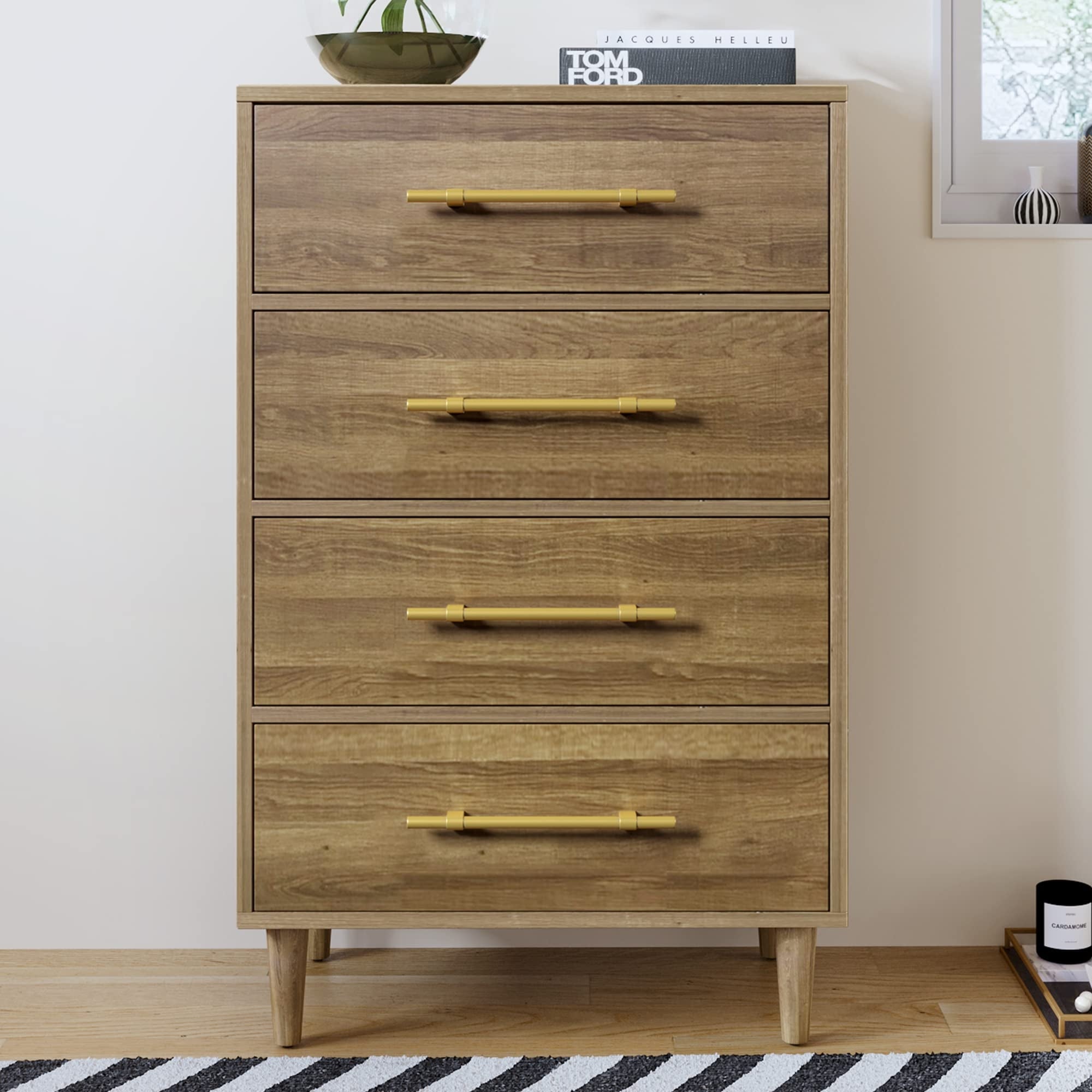 Modern 4 Drawers Dresser for Bedroom， Mid-Century Wood Chest of Drawers with Golden Handles， Storage Cabinet - as picture - - 37668417 - Mycitystee