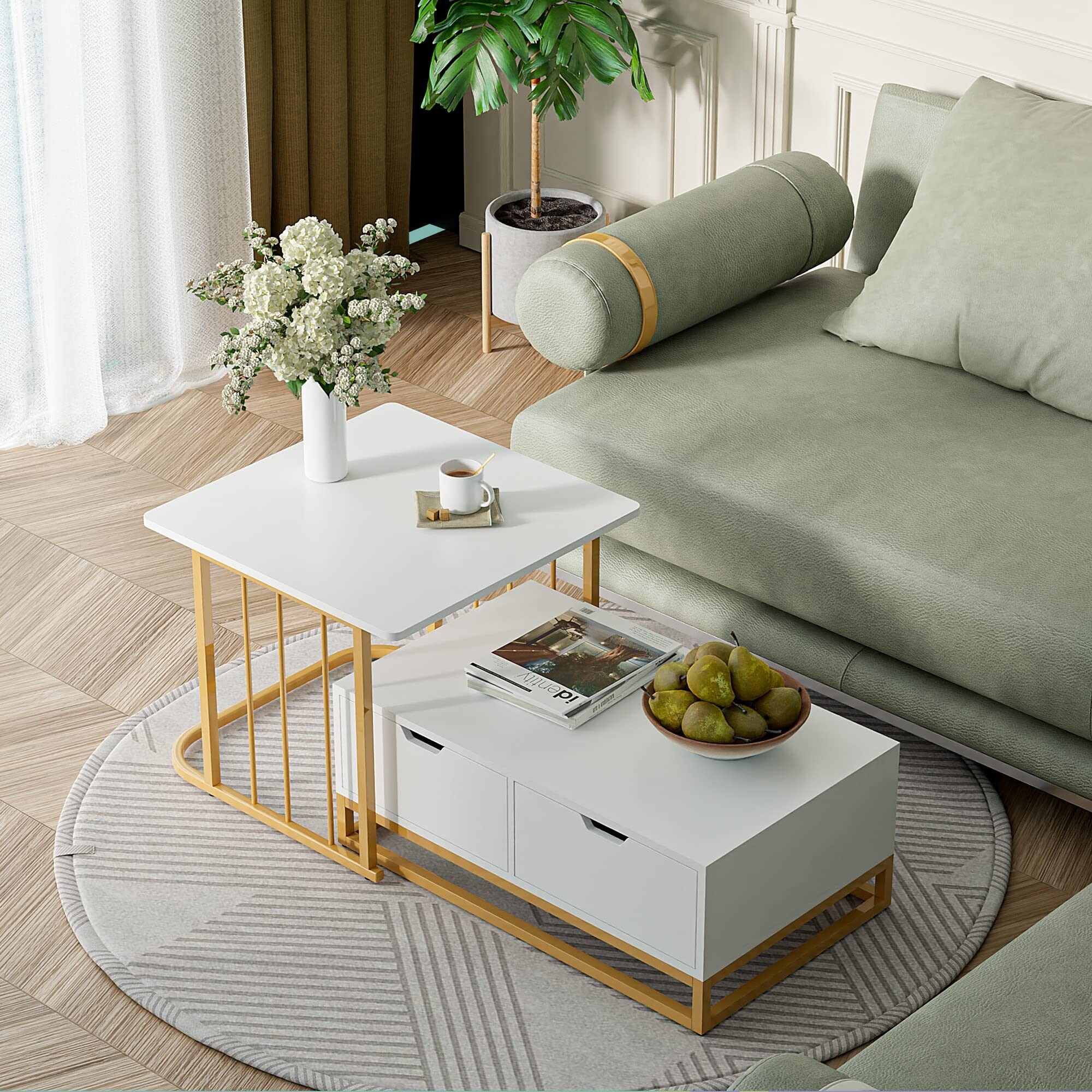 Modern Detachable Nesting Coffee Table Set of 2， 2 in 1 Small Square and Rectangular Living Room Table Set - Mycitystee