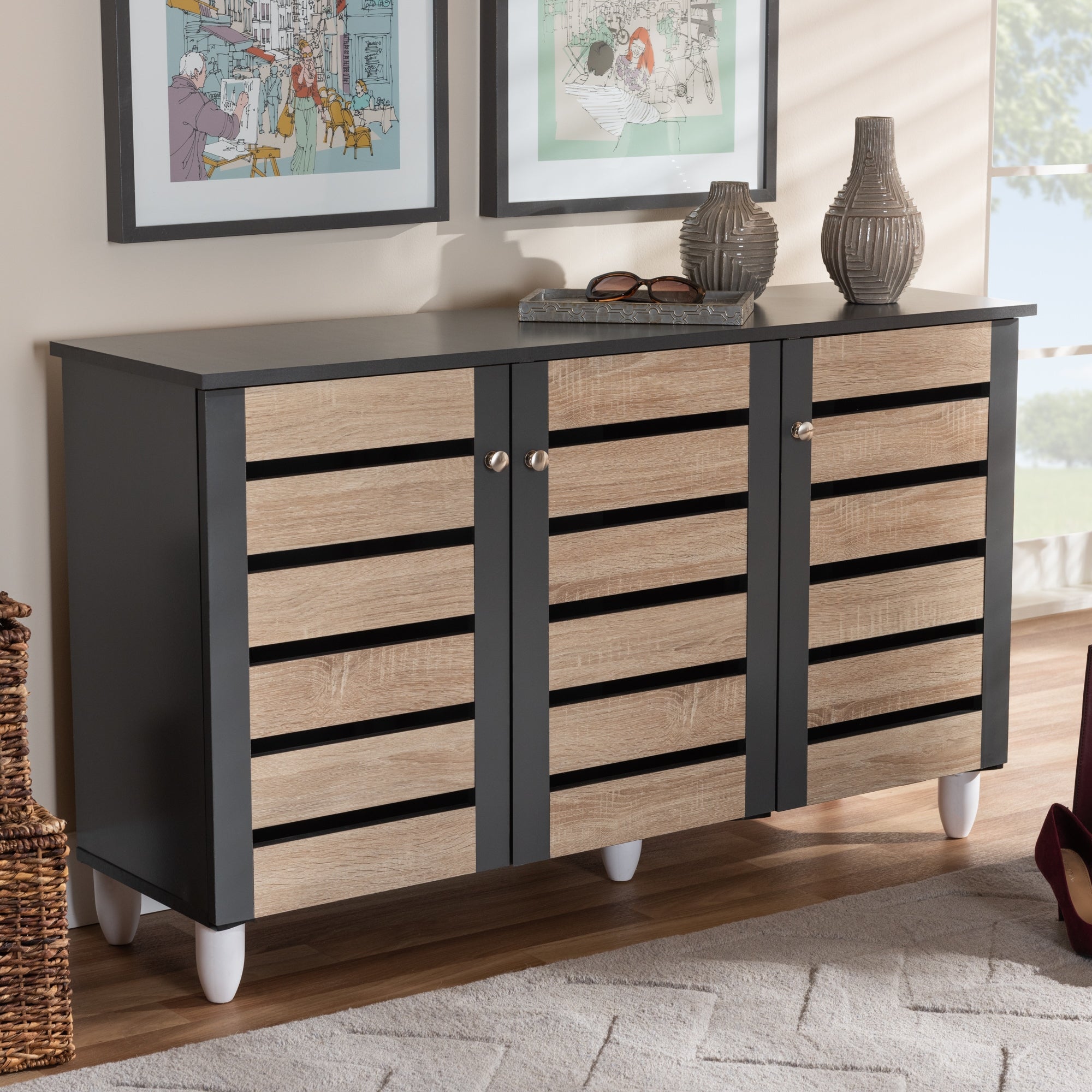 Contemporary 3-door Slatted Wood 14-pair Shoe Storage Cabinet - - 26396253 - Mycitystee