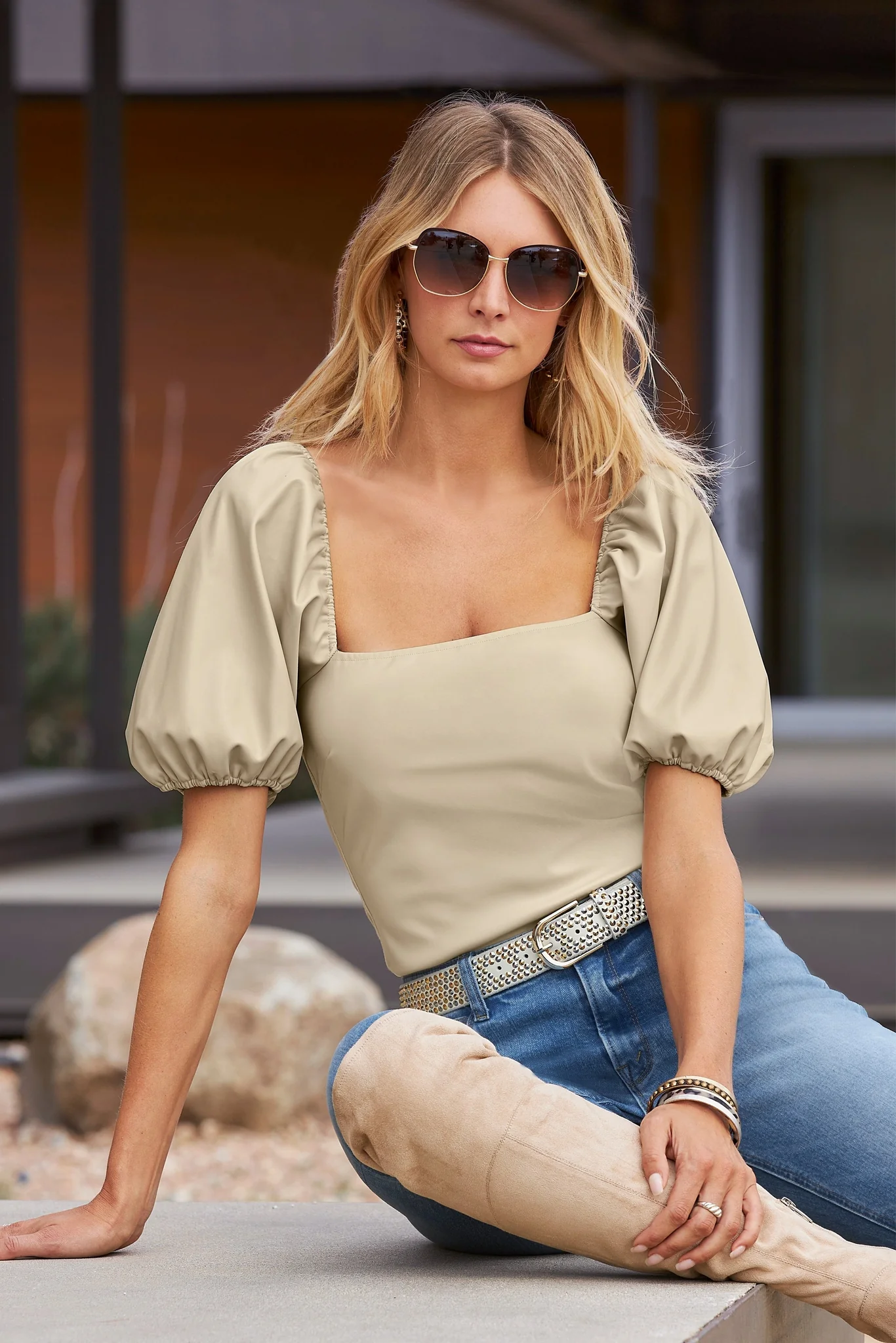 Faux Leather Square Neck Puff Sleeve Top Stone - Mycitystee