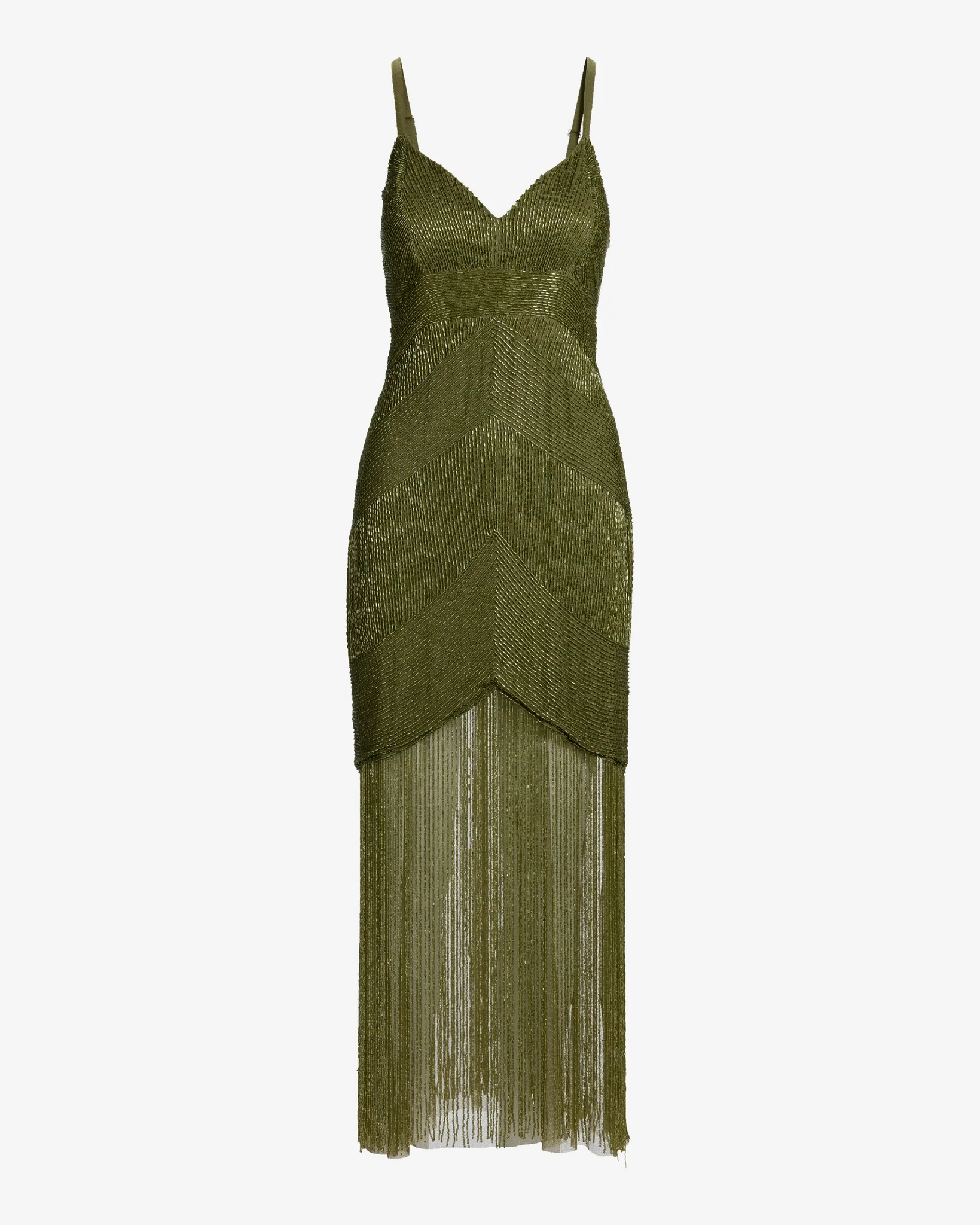 All Over Beaded Fringe Maxi Dress Olive - Mycitystee