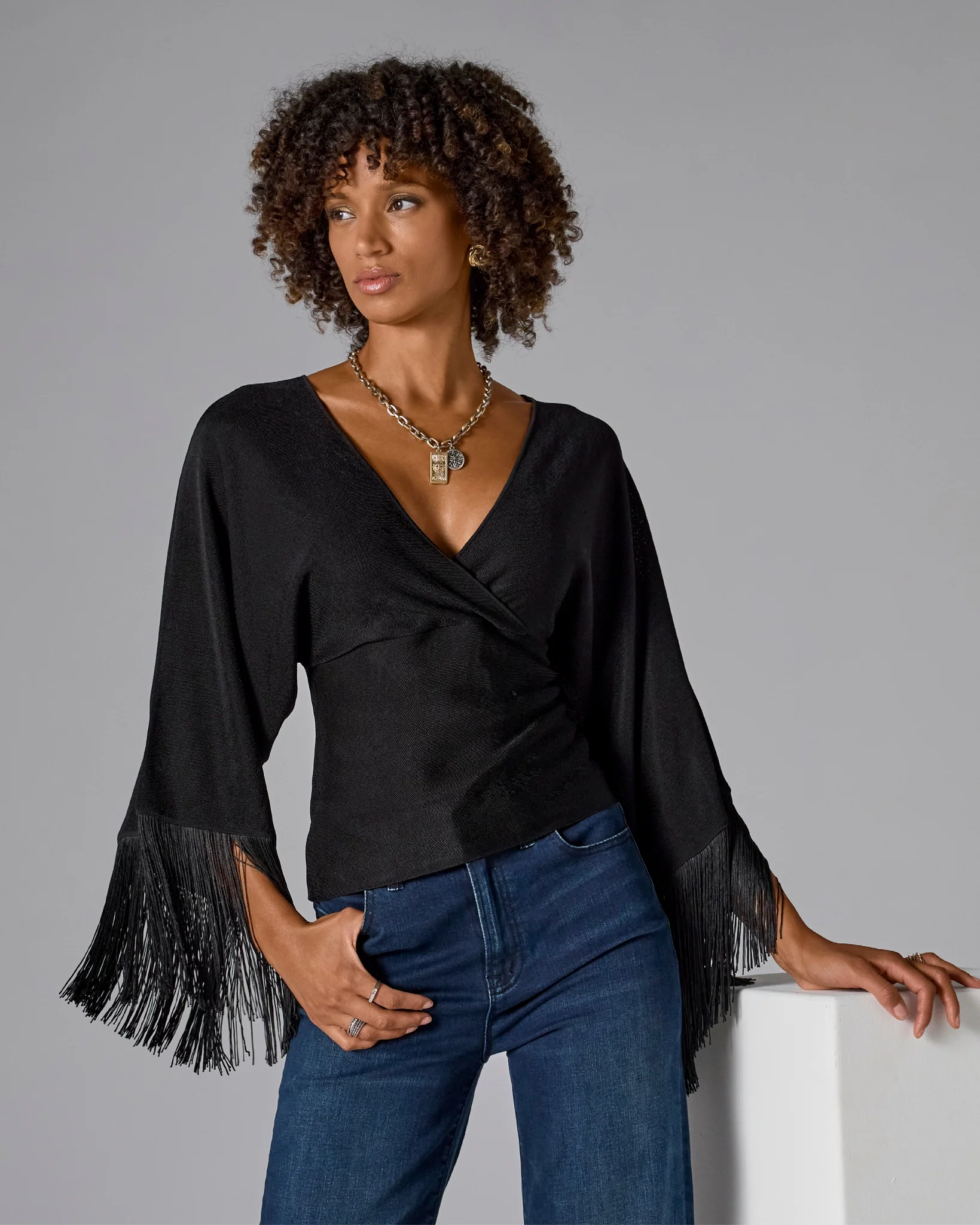 Surplice V-Neck Sleeve Fringe Sweater Top Black - Mycitystee