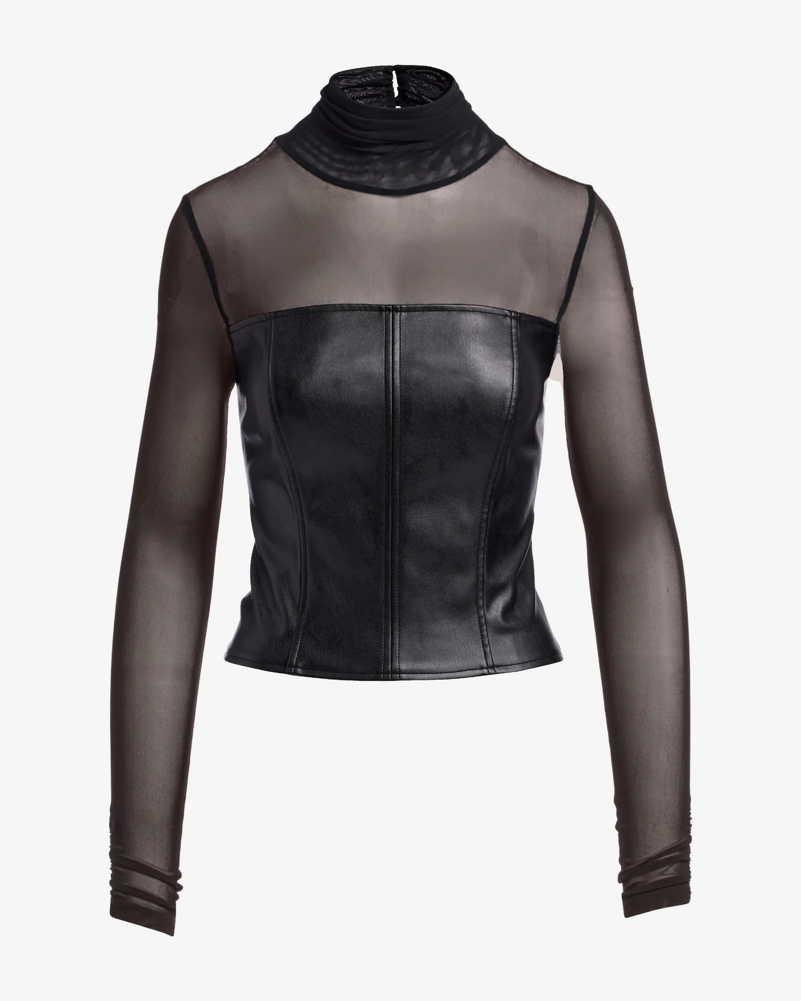 Faux Leather and Mesh Turtleneck Knit Top Black - Mycitystee