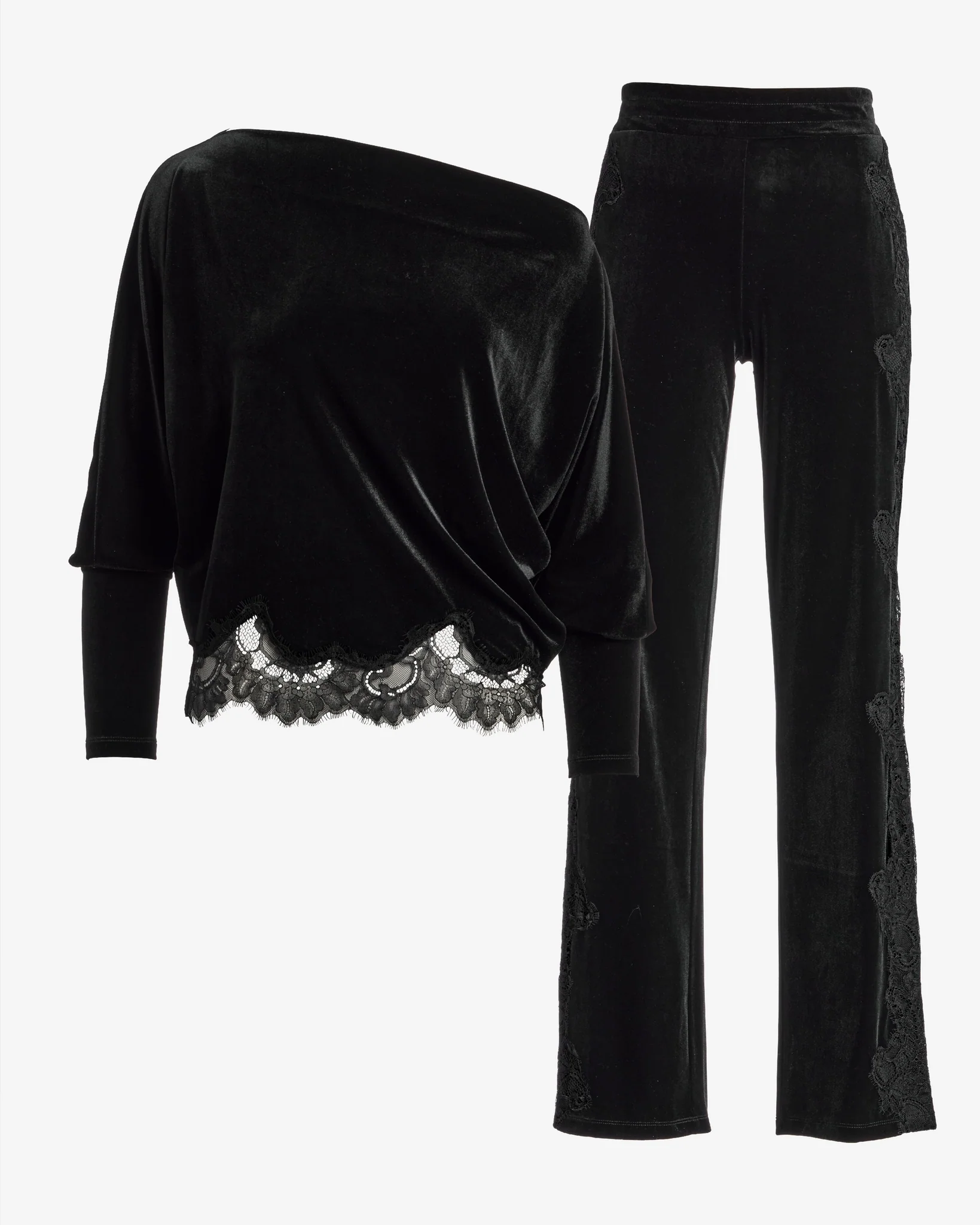 Chic Velour Lace Lounge Set Proper Black - Mycitystee
