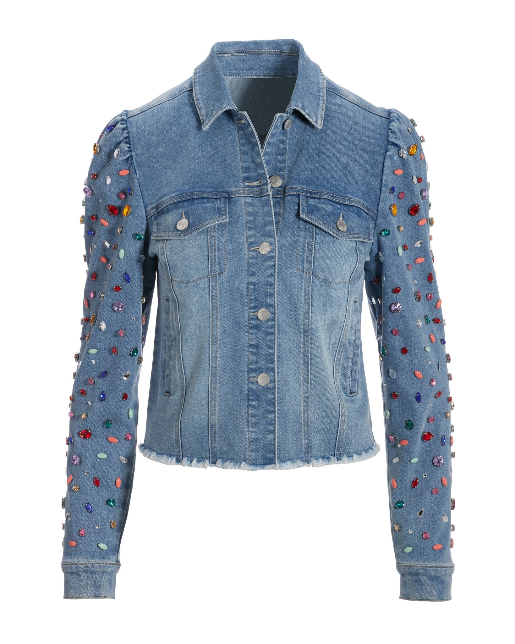 Bright Crystal Embellished Puff-Sleeve Denim Jacket Light Wash - Mycitystee