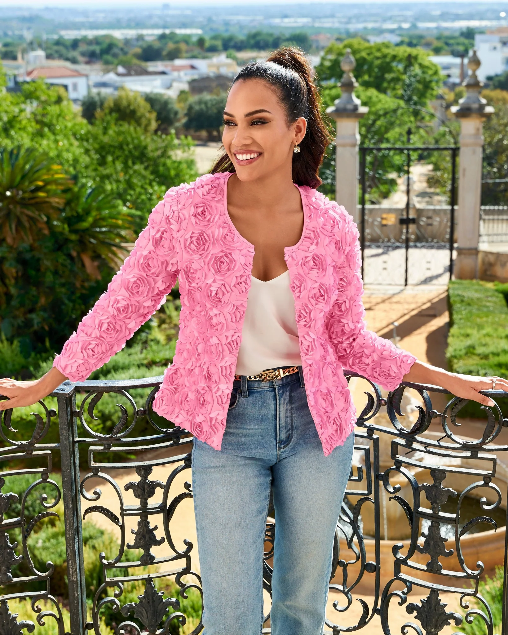 Rosette three quarter sleeve Jacket Begonia Pink - Mycitystee