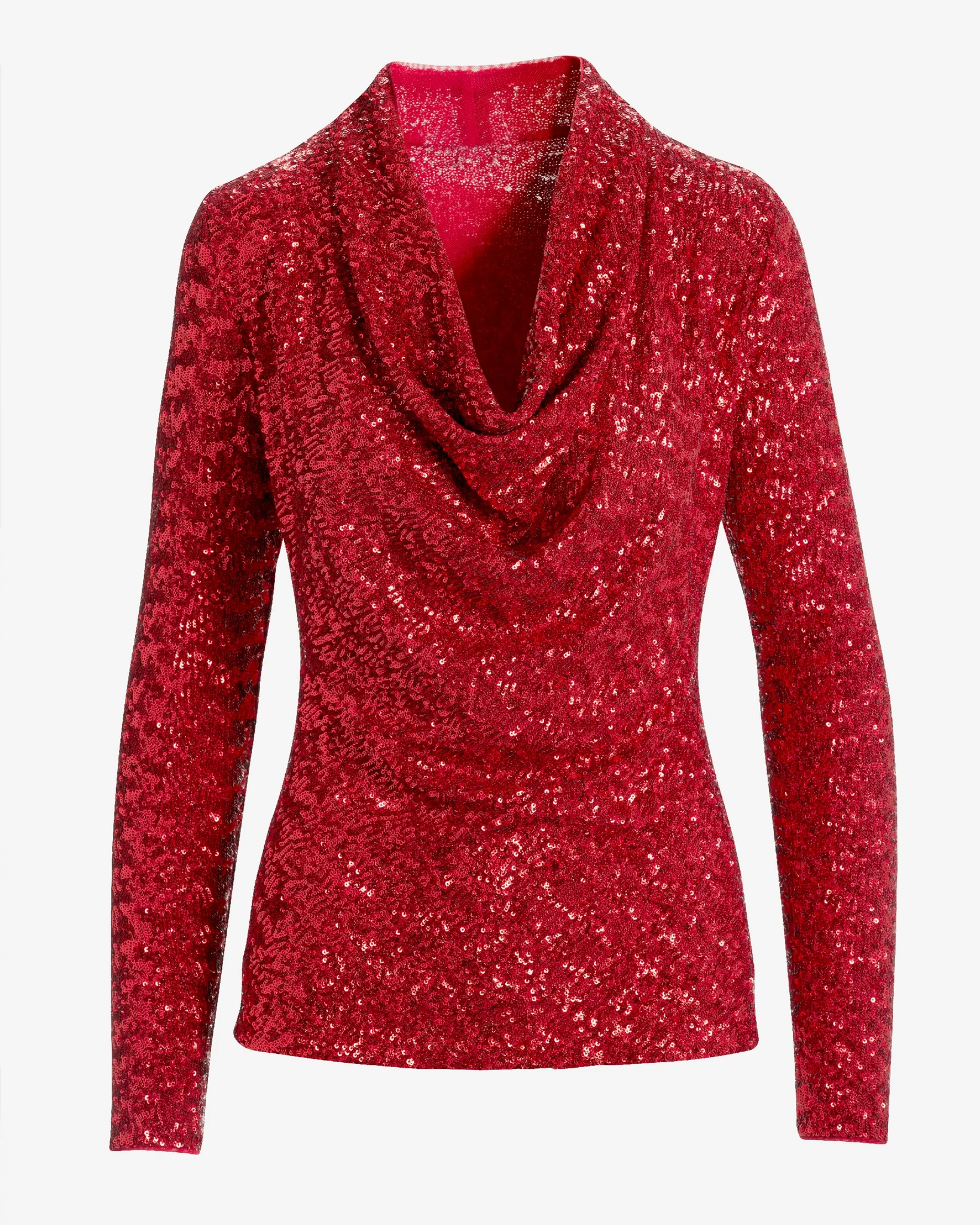 Sequin Cowl Neck Long Sleeve Knit Top Red - Mycitystee