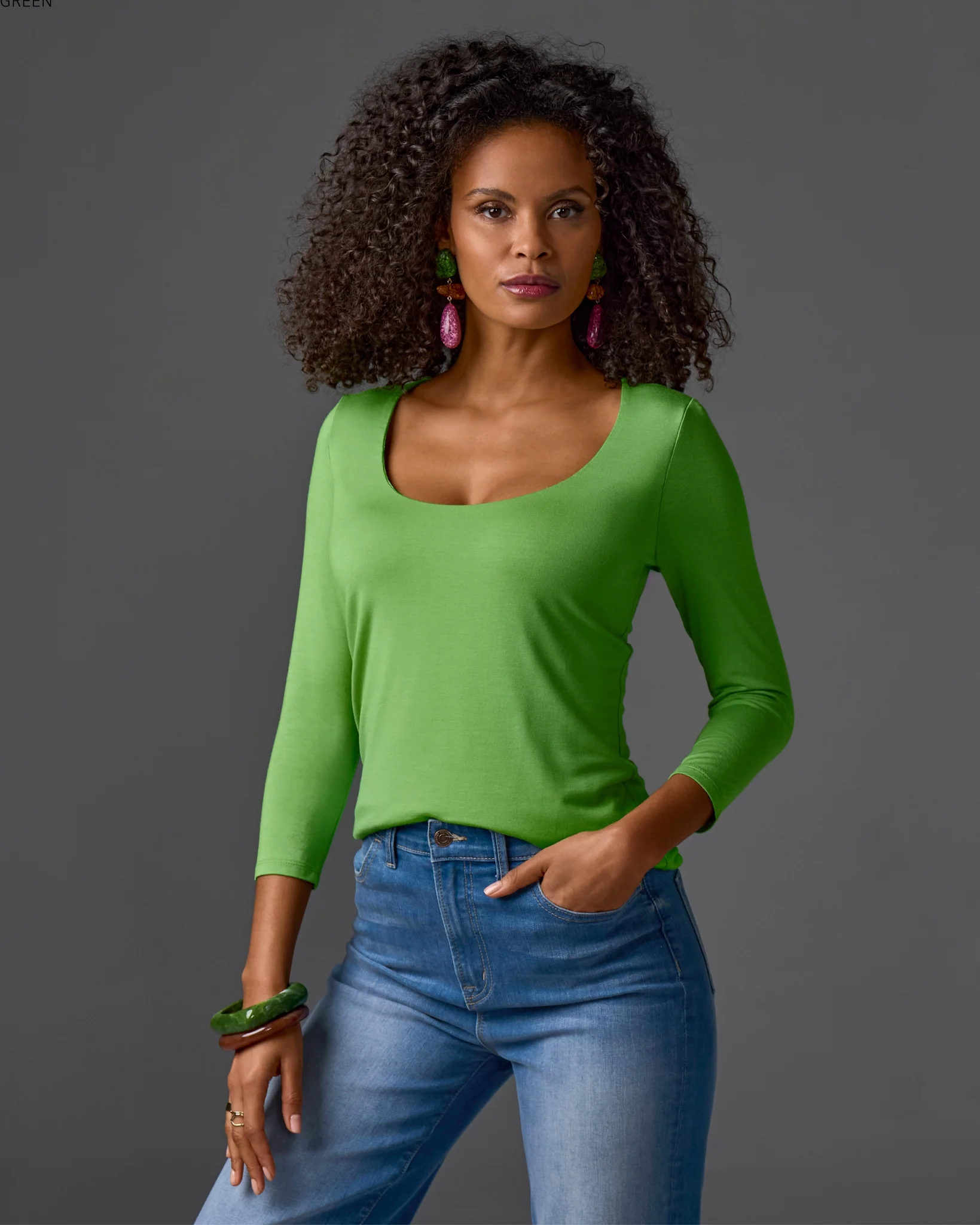 So Effortless Three Quarter Sleeve Scoop Neck Top Bud Green - Mycitystee