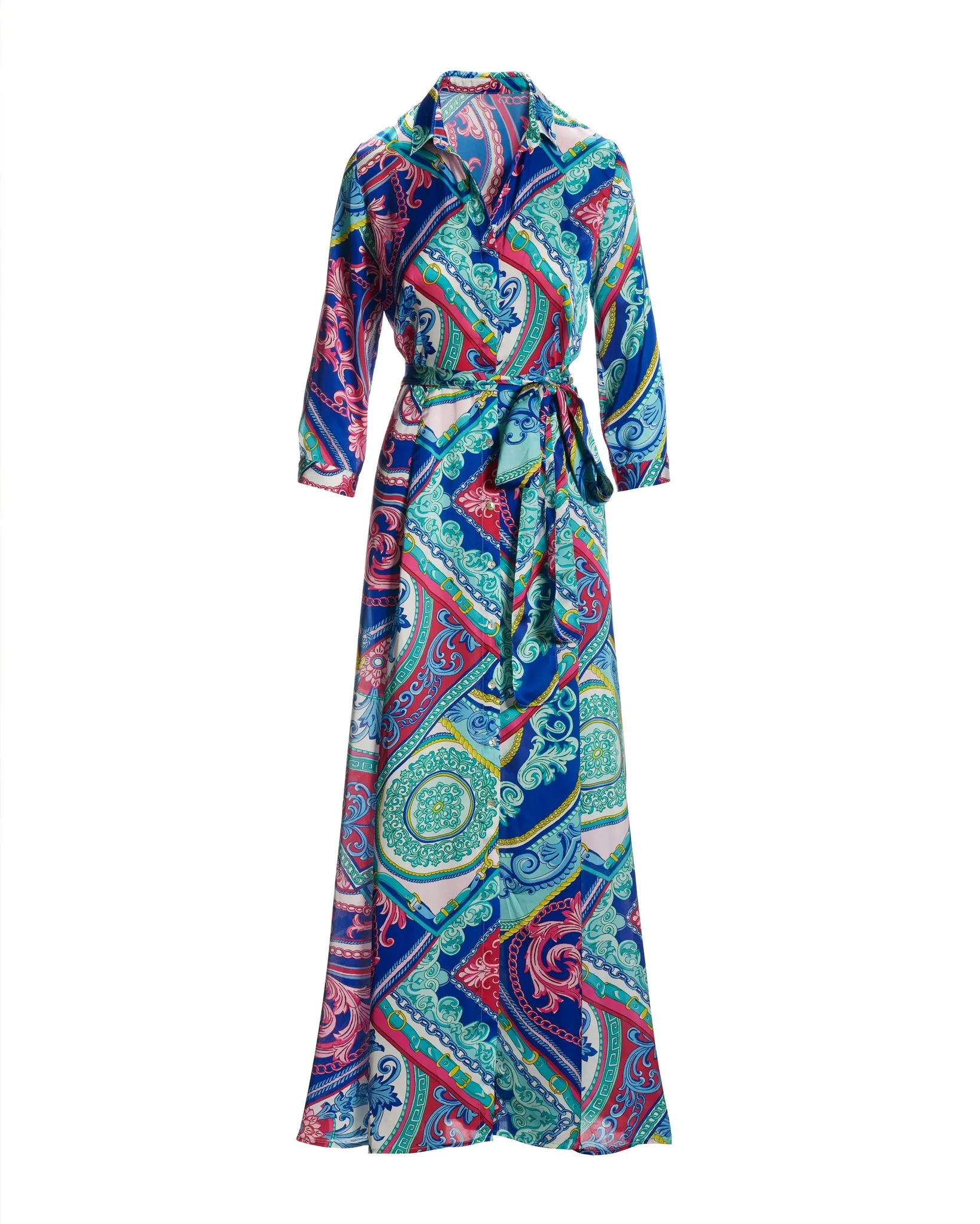 Luxe Tiles Print Charmeuse Maxi Shirt Dress Multi - Mycitystee