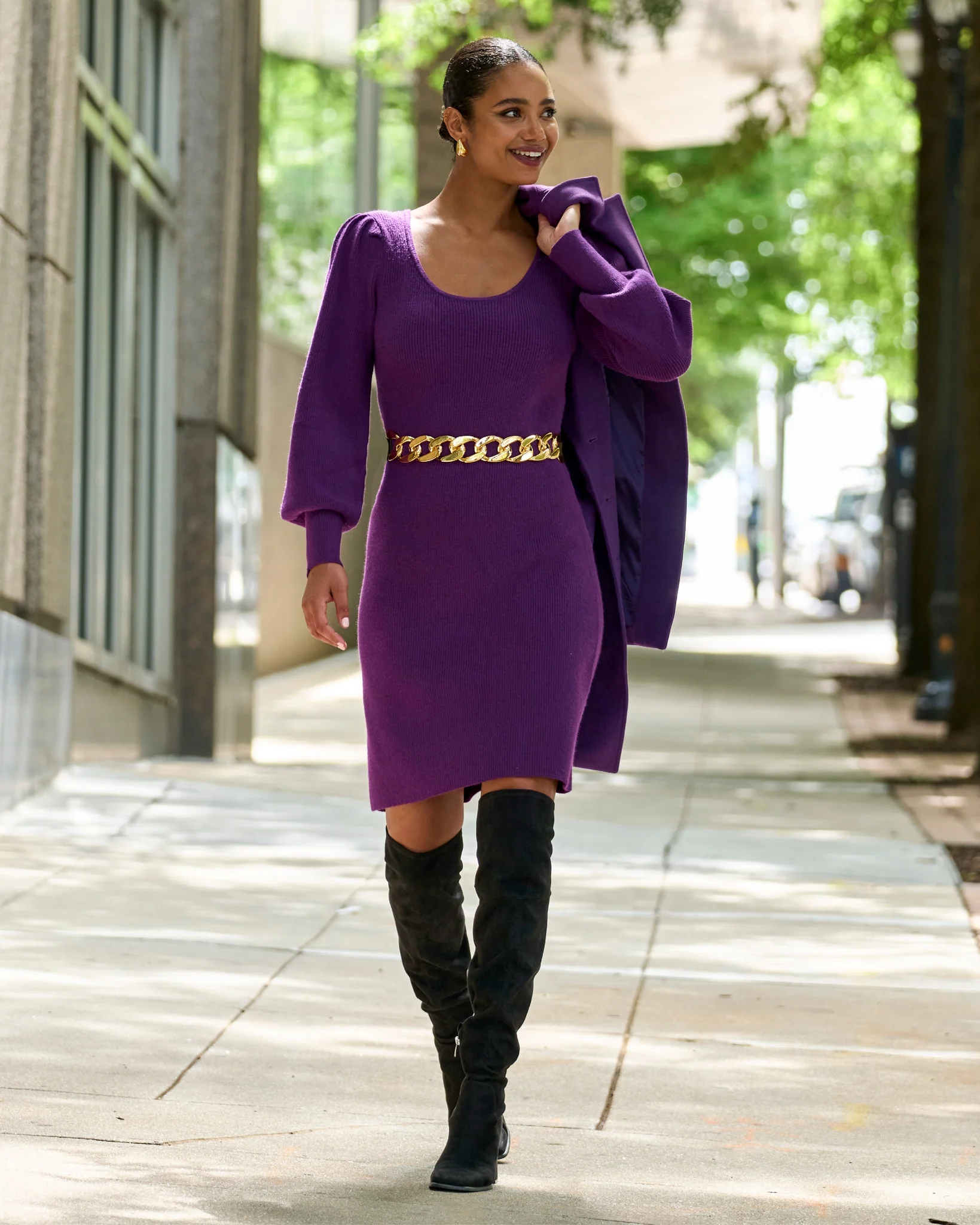 Scoop Neck Balloon Sleeve Sweater Dress Grape Juice - Mycitystee
