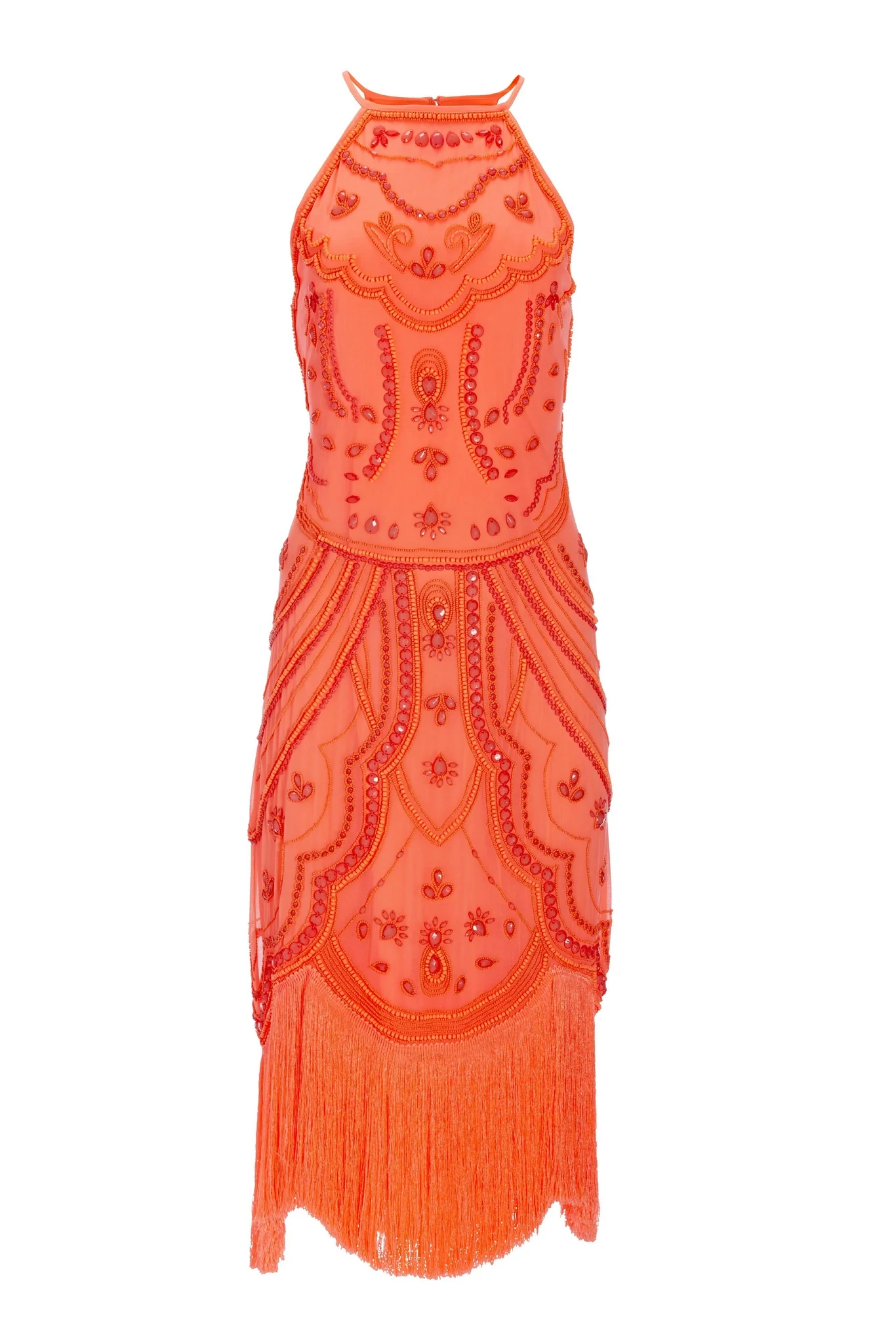 Hand Beaded Fringe Shift Dress Coral - Mycitystee