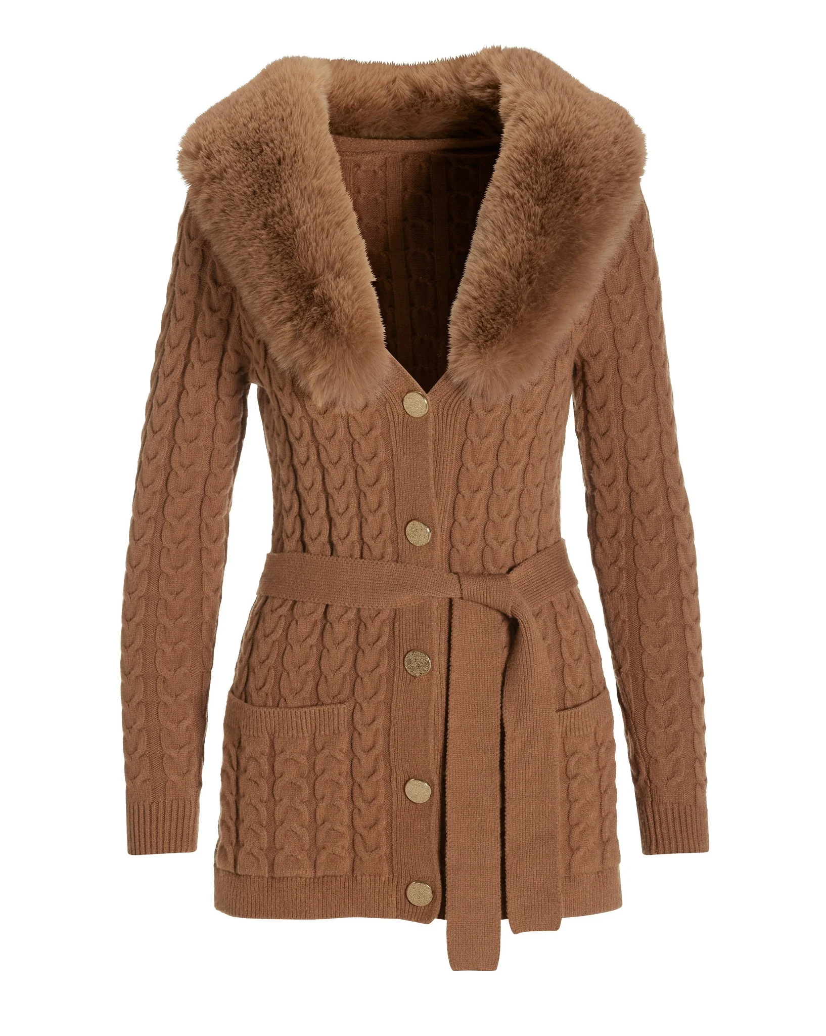 Cable Faux Fur Button Up Cardigan Thrush - Mycitystee
