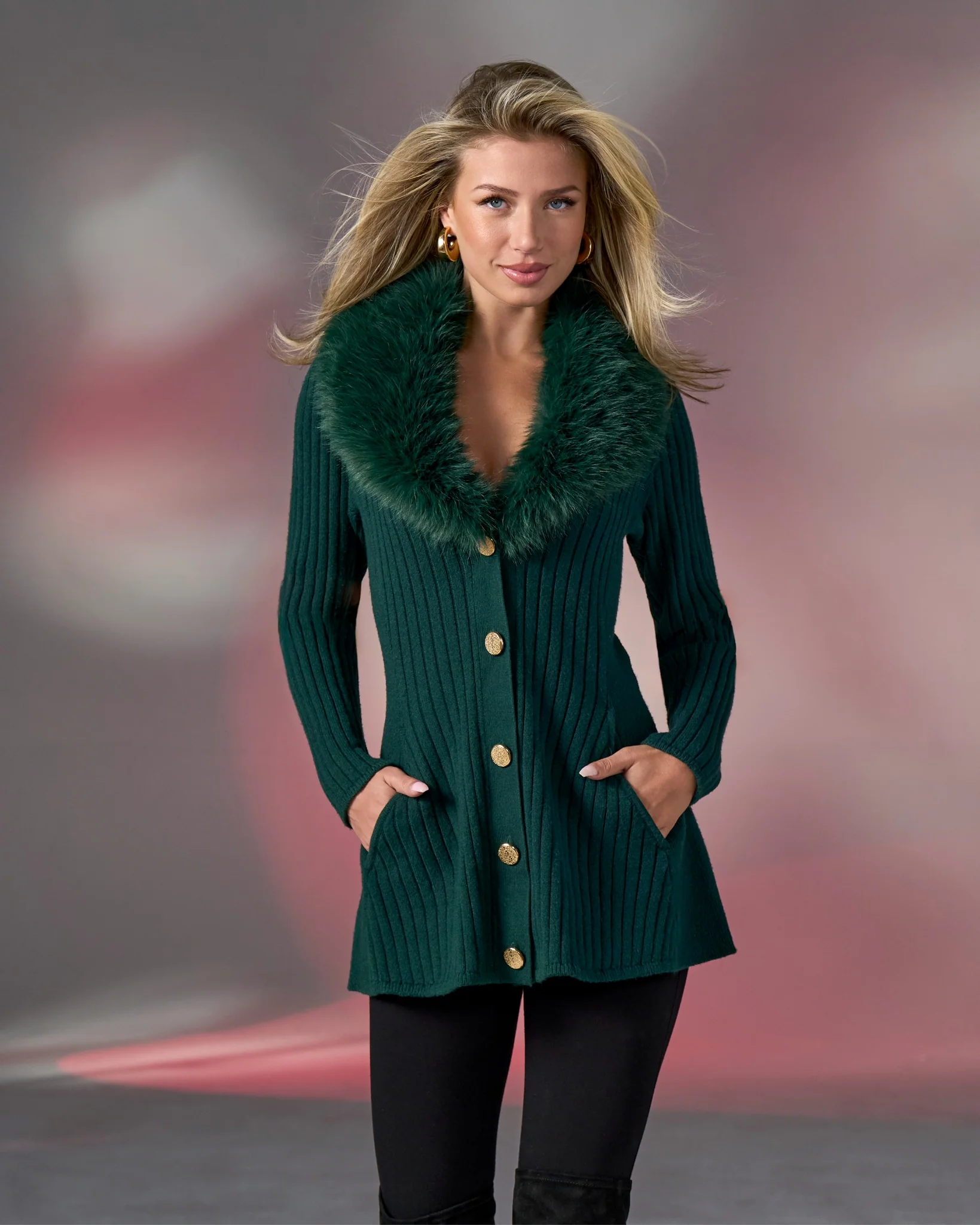 Faux Fur Trim Button Up A-Line Cardigan Emerald - Mycitystee