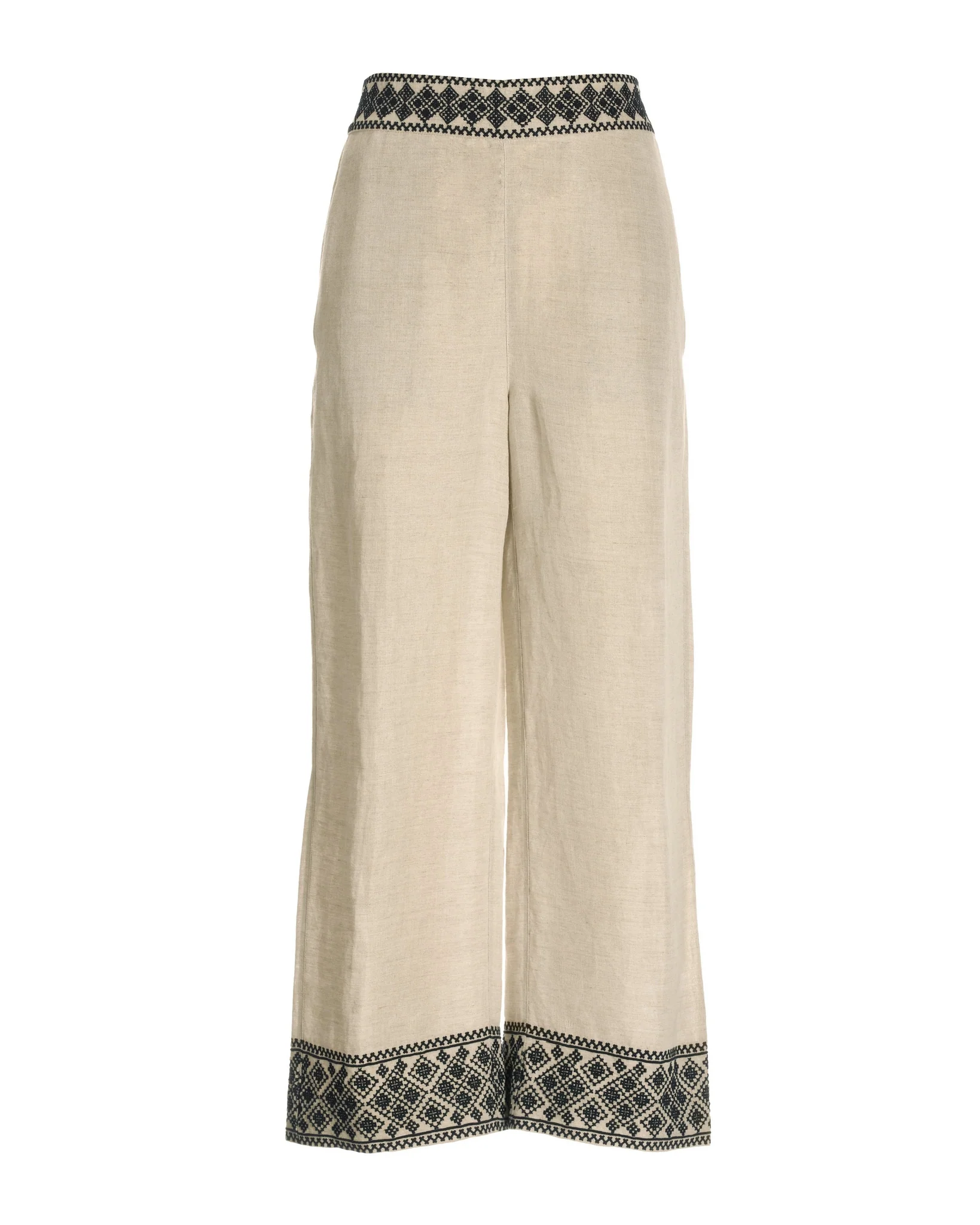 Malibu Embroidered Linen Pull On Crop Pant Flax/Black - Mycitystee