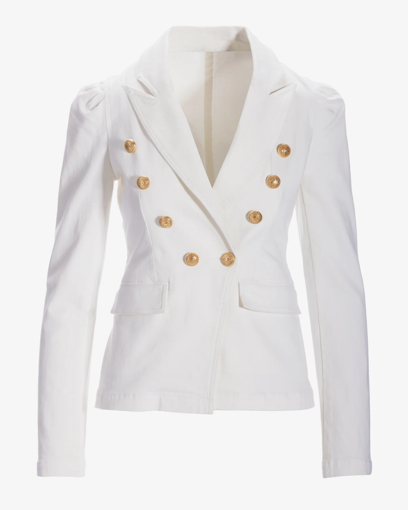 Puff-Sleeve Double-Breasted Denim Blazer White - Mycitystee