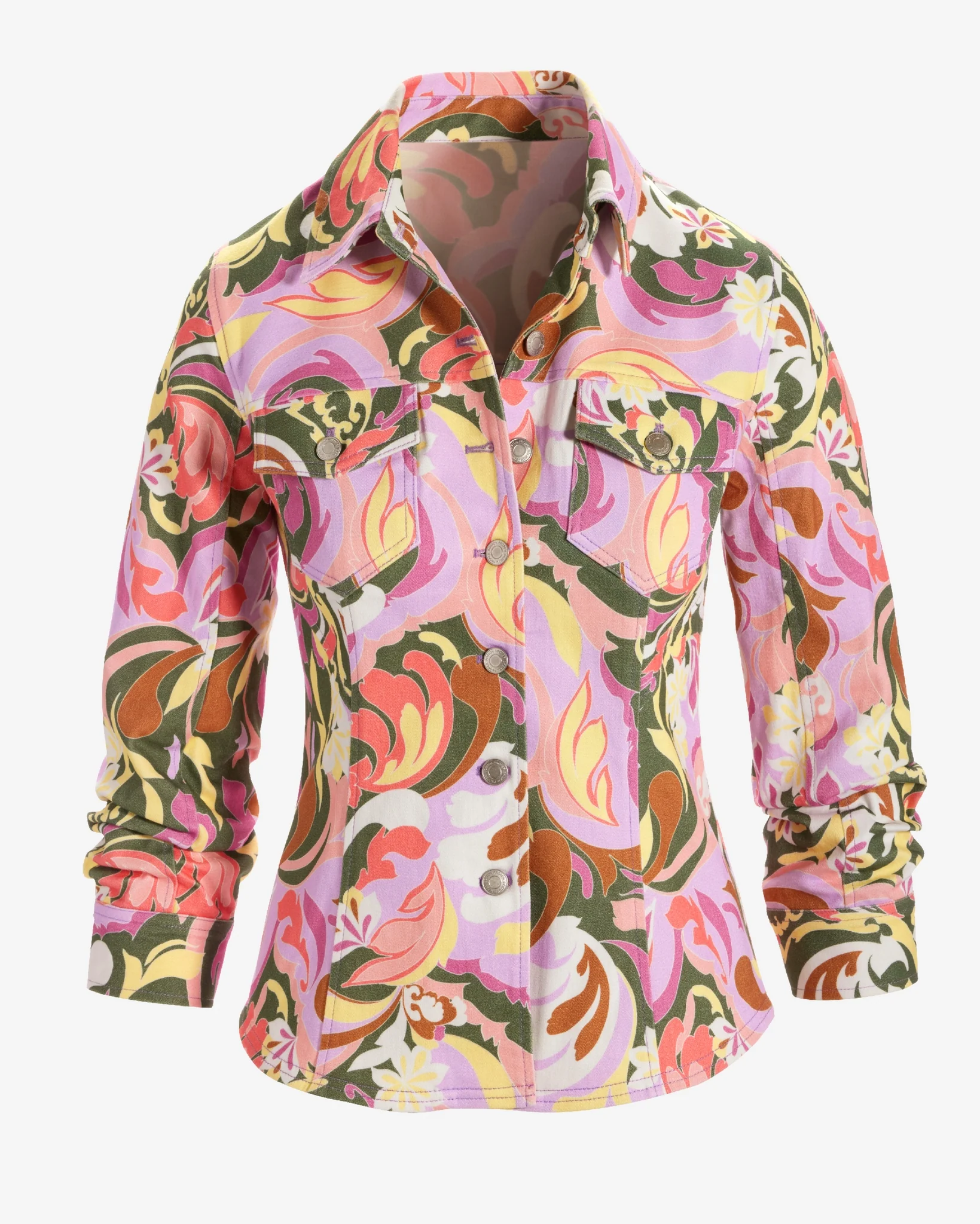 Print Ruched Sleeve Shaped Denim Jacket St Tropez Abstract - Mycitystee