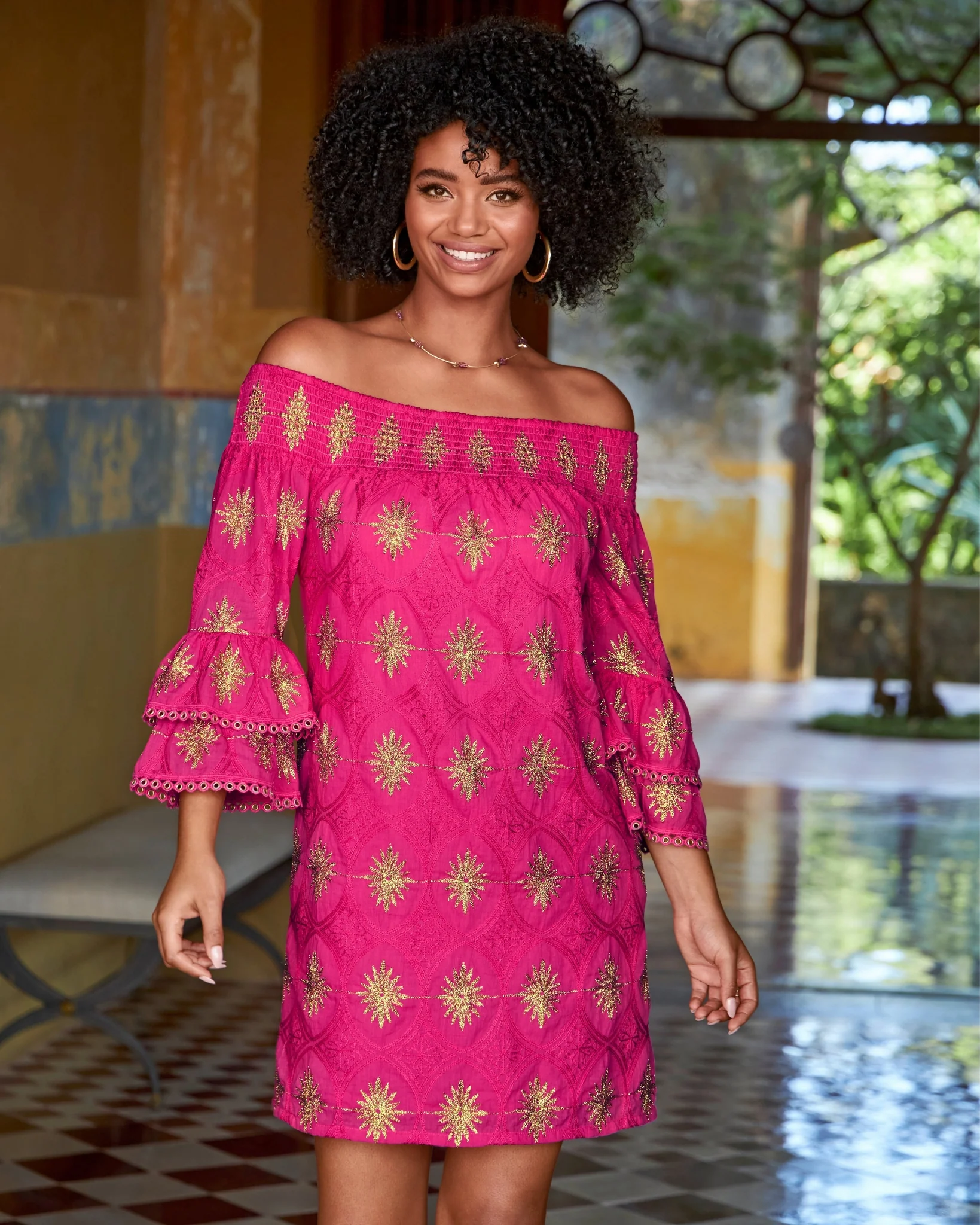 Metallic Detail Off-The-Shoulder Dress Blossom - Mycitystee